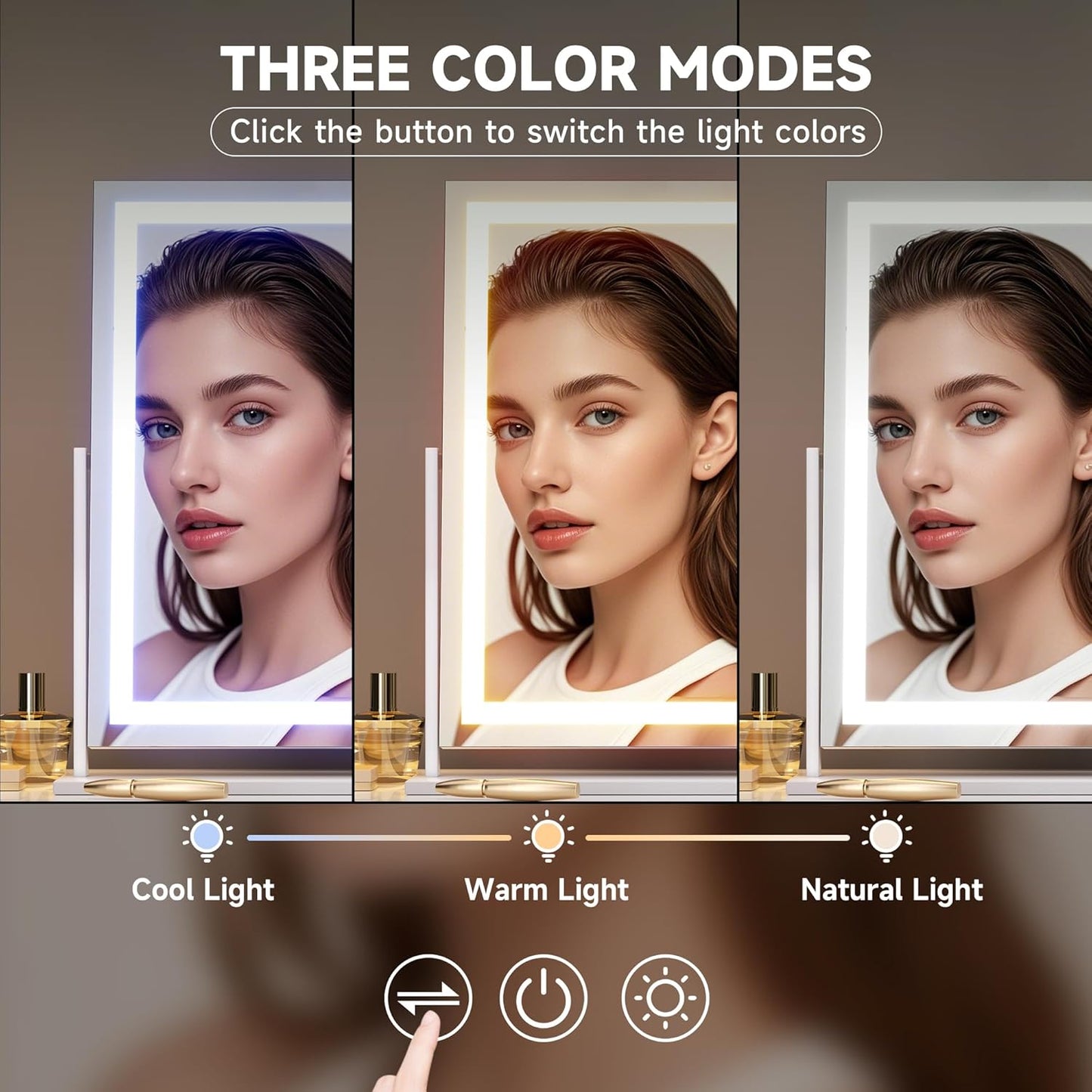 Hasipu Vanity Mirror with Lights, 23.6" x 18.1" LED Makeup Mirror, Light up Mirror with Smart Touch 3 Colors Dimmable, Brightness Adjustment, 360° Rotation (White)