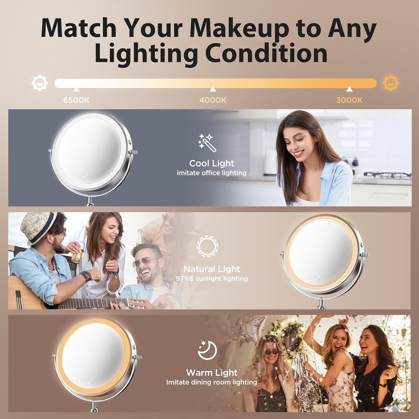Makeup Mirror, 1X/30X Magnification with 3 Level LED Lights, 5000 mAh Rechargeable Double Sided 9” Magnifying Mirror with 360° Rotation, Perfect for Precision Grooming and Makeup, Women Gift