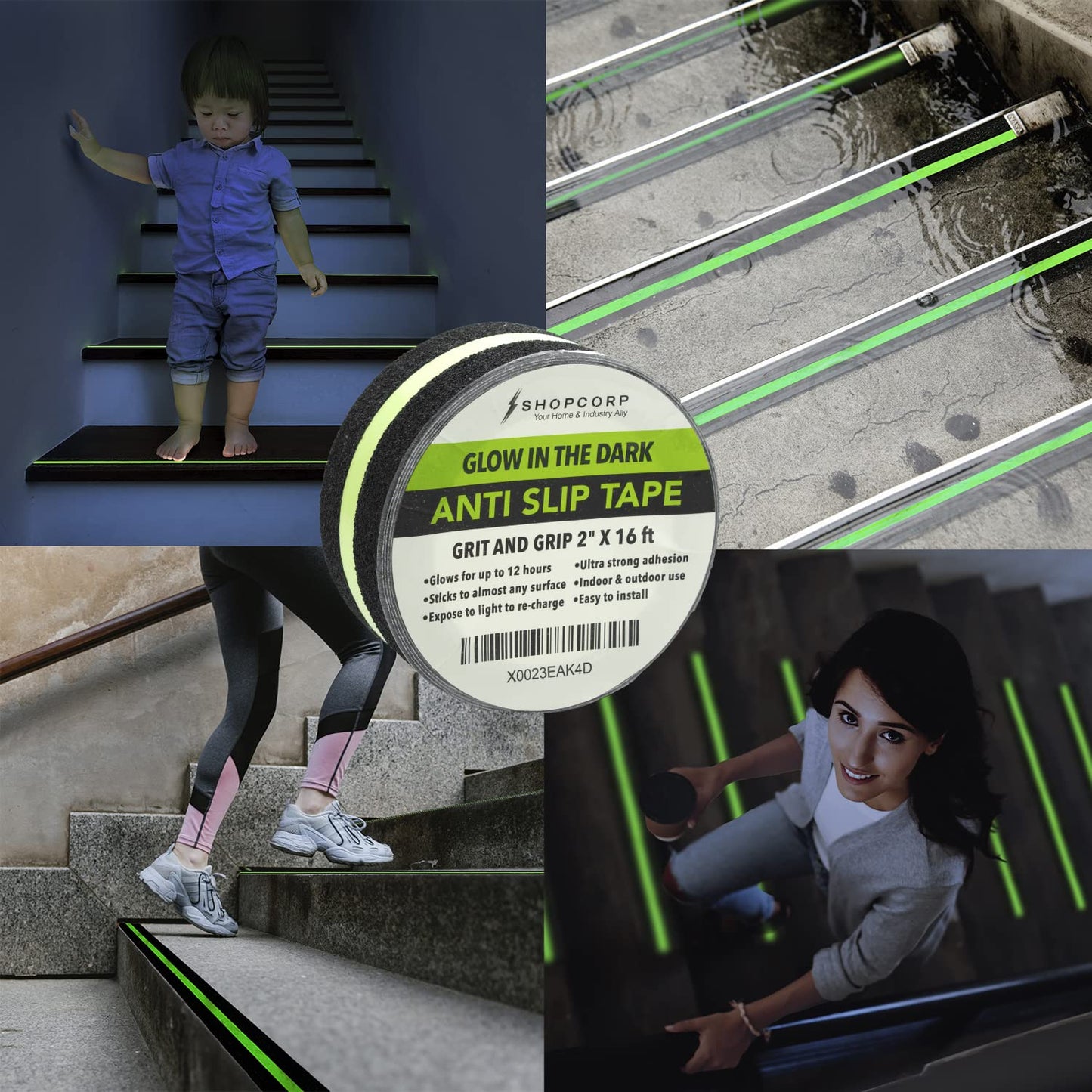 Anti Slip Glow in The Dark Traction Tape 2Inch x 16ft – Heavy Duty Adhesive Grip Non Skid Tape for Stairs Waterproof Safety - Outdoor/Indoor - Neon Strips Walk Black - 2 Pack