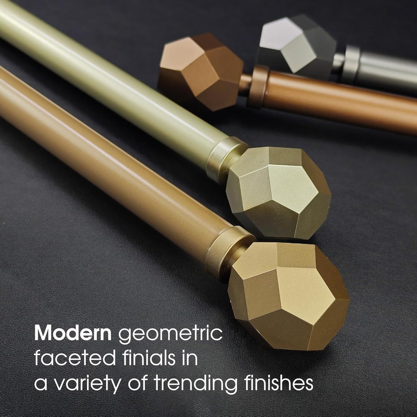 1-1/8 Inch Diameter Aged Bronze Curtain Rod with Geometric Faceted Finials, 72-144'' Telescoping Single Curtain Rods for window width 68-140 inch, 1 pack