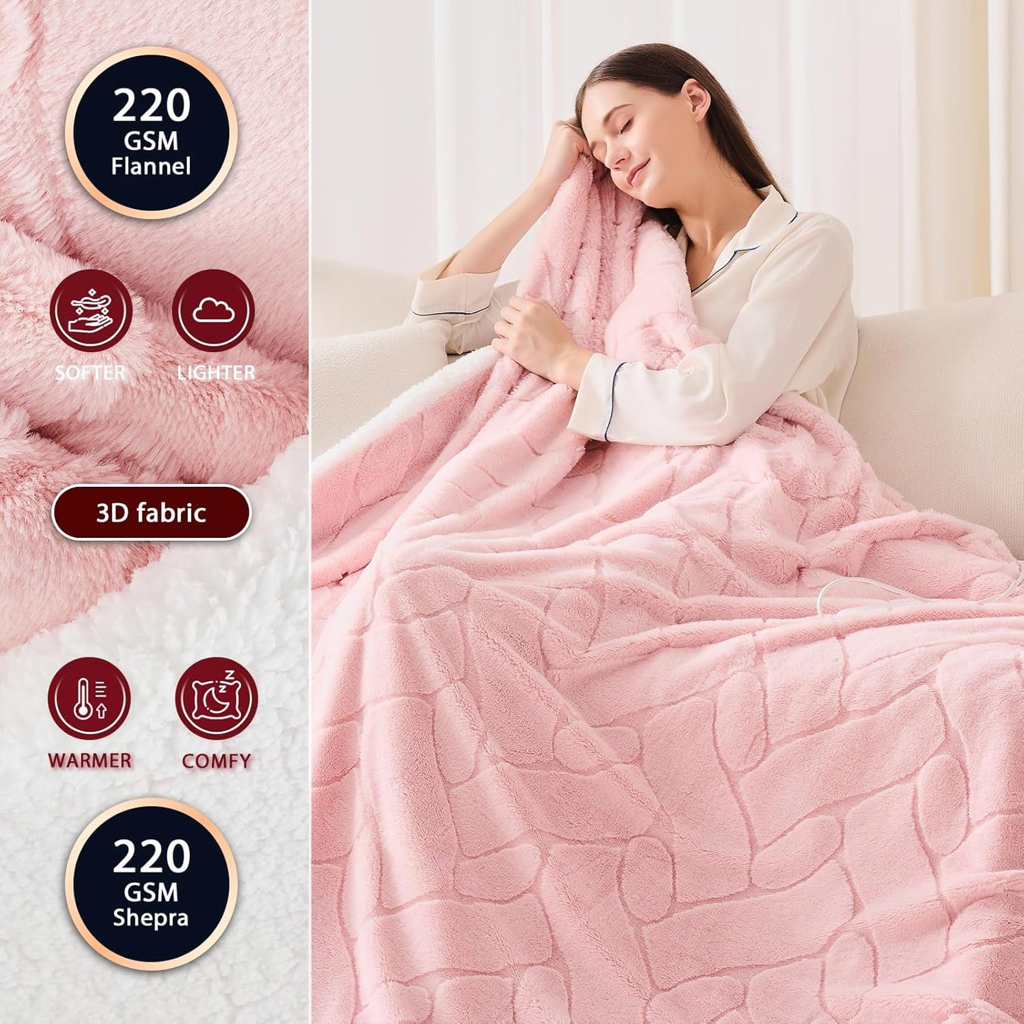 Heated Electric Blanket- Electric Throw Blanket 72"x84" for Bed- 5 Heating Levels& 4 Hours Auto Off for Couch Home Office - Soft Faux Fur Fabric for Full Body(Pink)