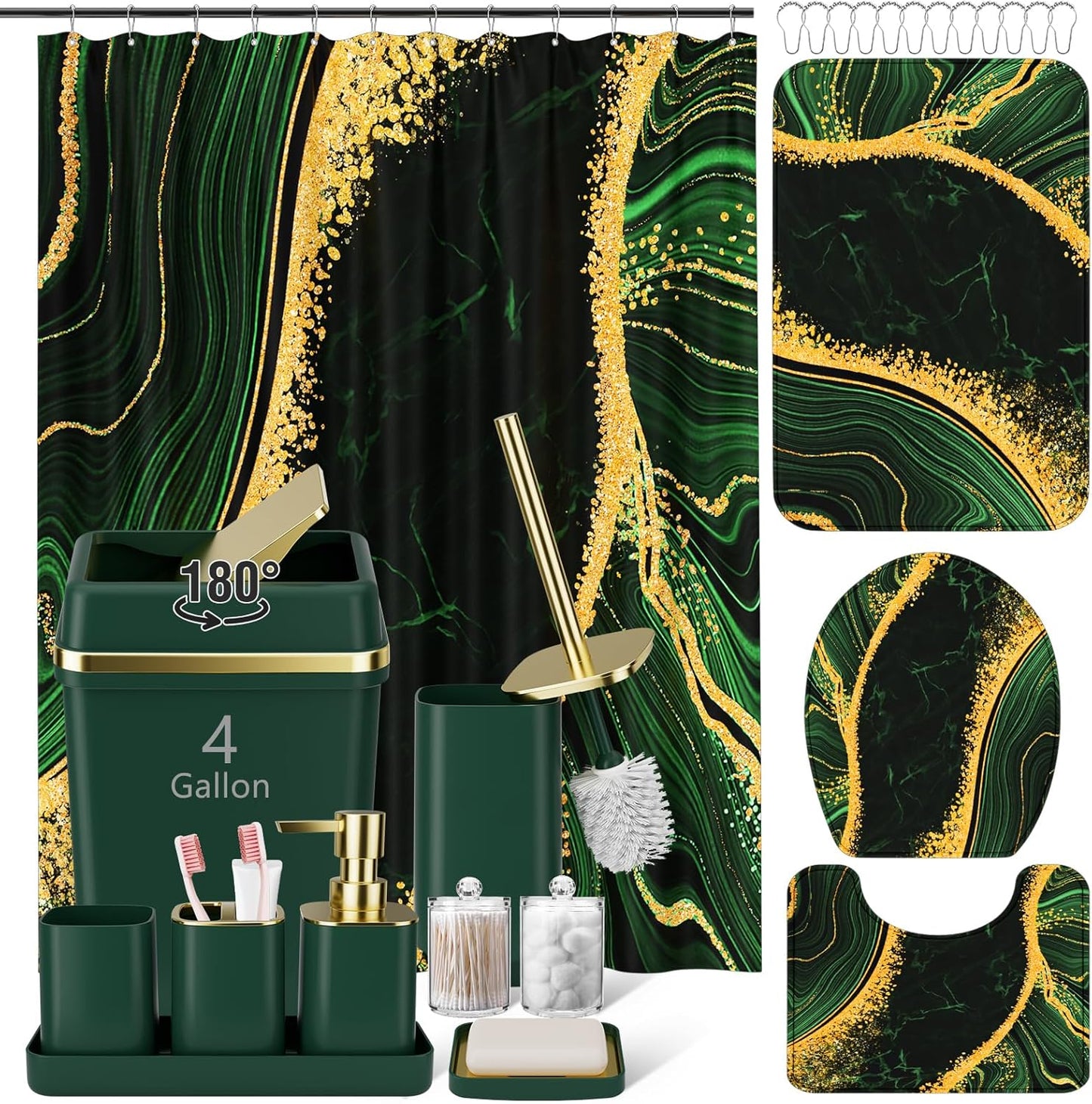 25PCS Bathroom Accessory Set, Dark Green Bathroom Set with Large-Capacity 4 Gallon Trash Can,Bathroom Rugs Set, Waterproof Shower Curtain, Toilet Brush, Toothbrush Holder & Soap Dispenser