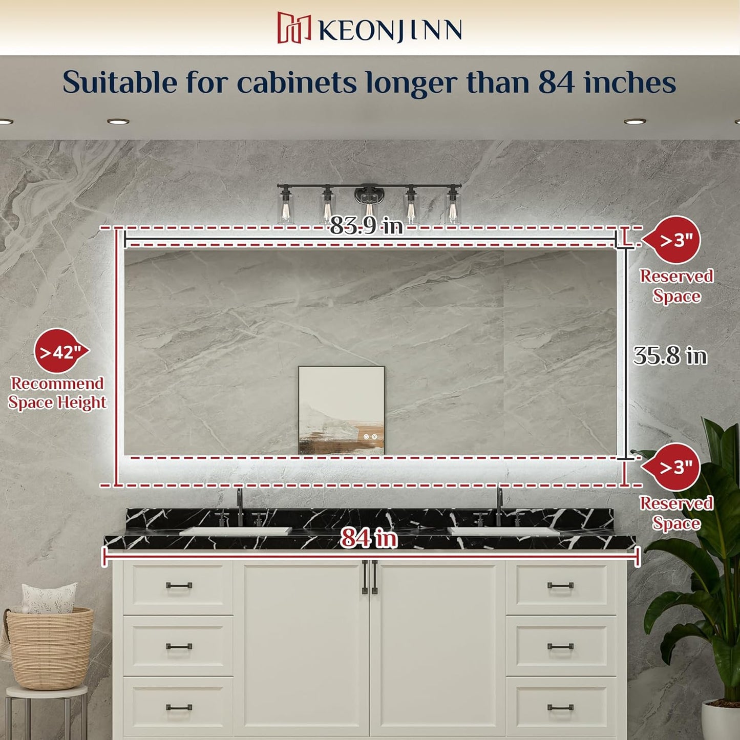 Keonjinn LED Backlit Mirror 84” x 36” Oversized Lighted Bathroom Mirror with UL Listed LED Driver, Large Stepless Dimmable Wall Mirror, Tempered Glass, CRI90+ Anti Fog Vanity Mirror with Backlights