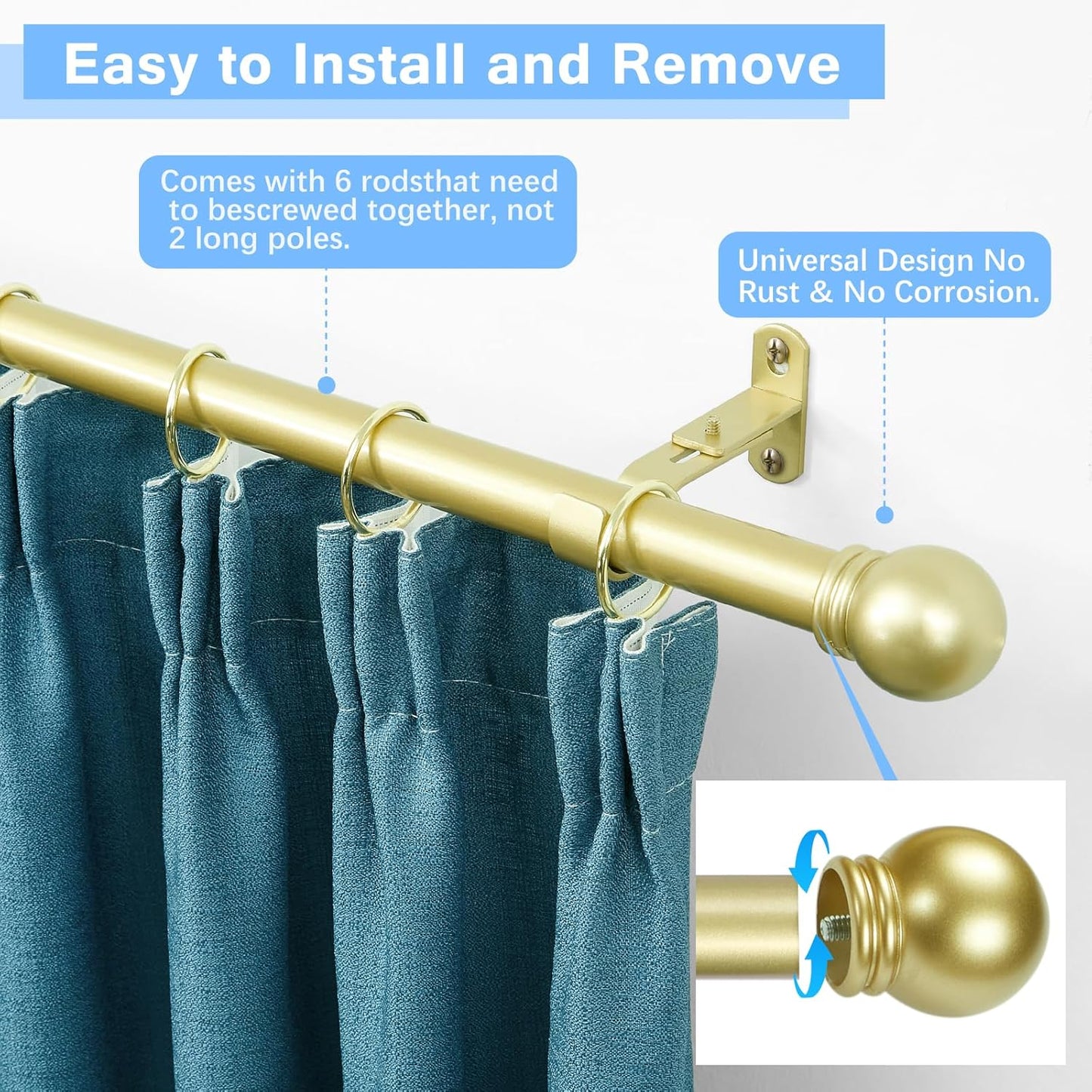 Curtain Rods for Windows 16 to 92 Inches, Curtain Rod Max Adjustable Length of 104 IN, 6/8" Diameter Drapery Rods Round Finials, Warm Gold, Pack of 2