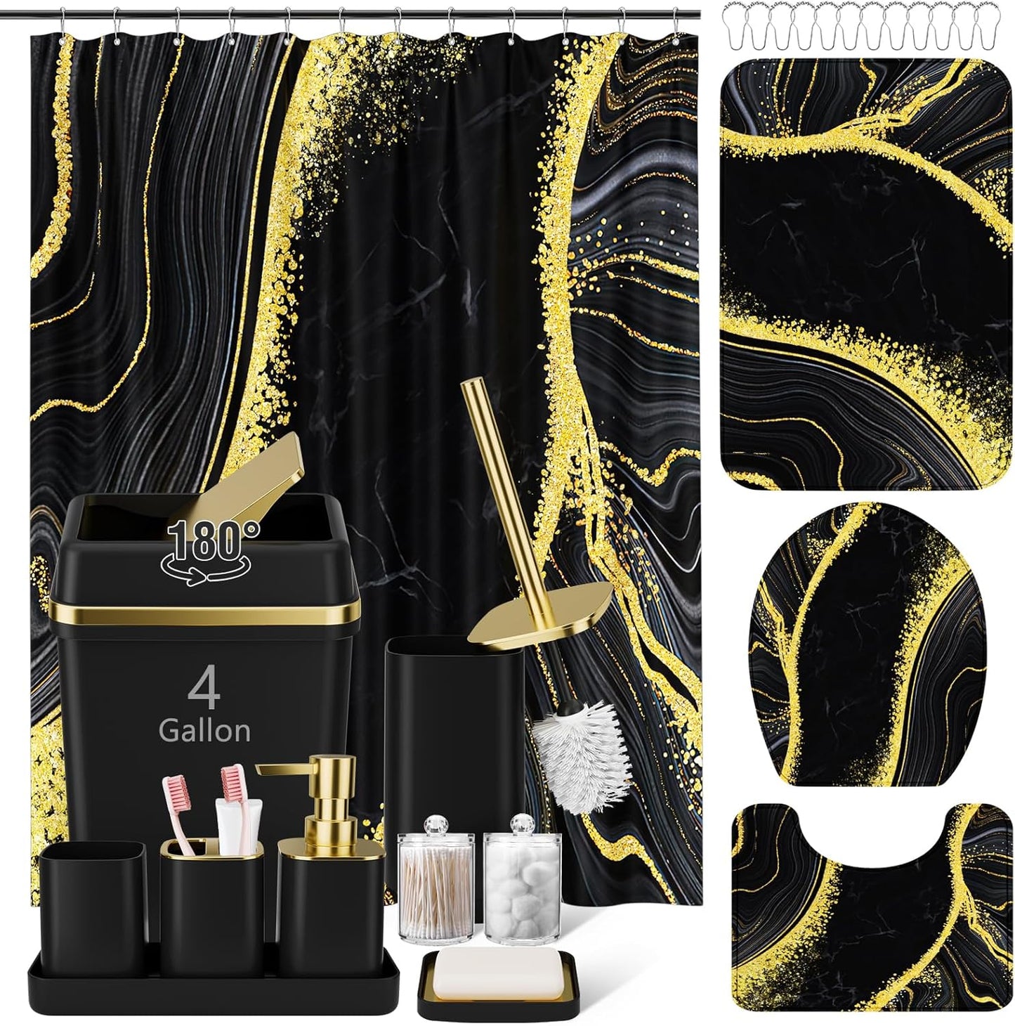 25PCS Bathroom Accessory Set, Black Bathroom Set with Large-Capacity 4 Gallon Trash Can,Bathroom Sets with Shower Curtain and Rugs, Bathroom Rugs Set, Home Decor