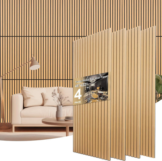 Yuzzy Acoustic Wood Slat Wall Panels - 48" x 22" Teak Fluted Sound Absorbing Panel for Wall and Ceiling - 4 Pcs Wall Panels for Interior Wall Decor for Homes, Offices, Studios
