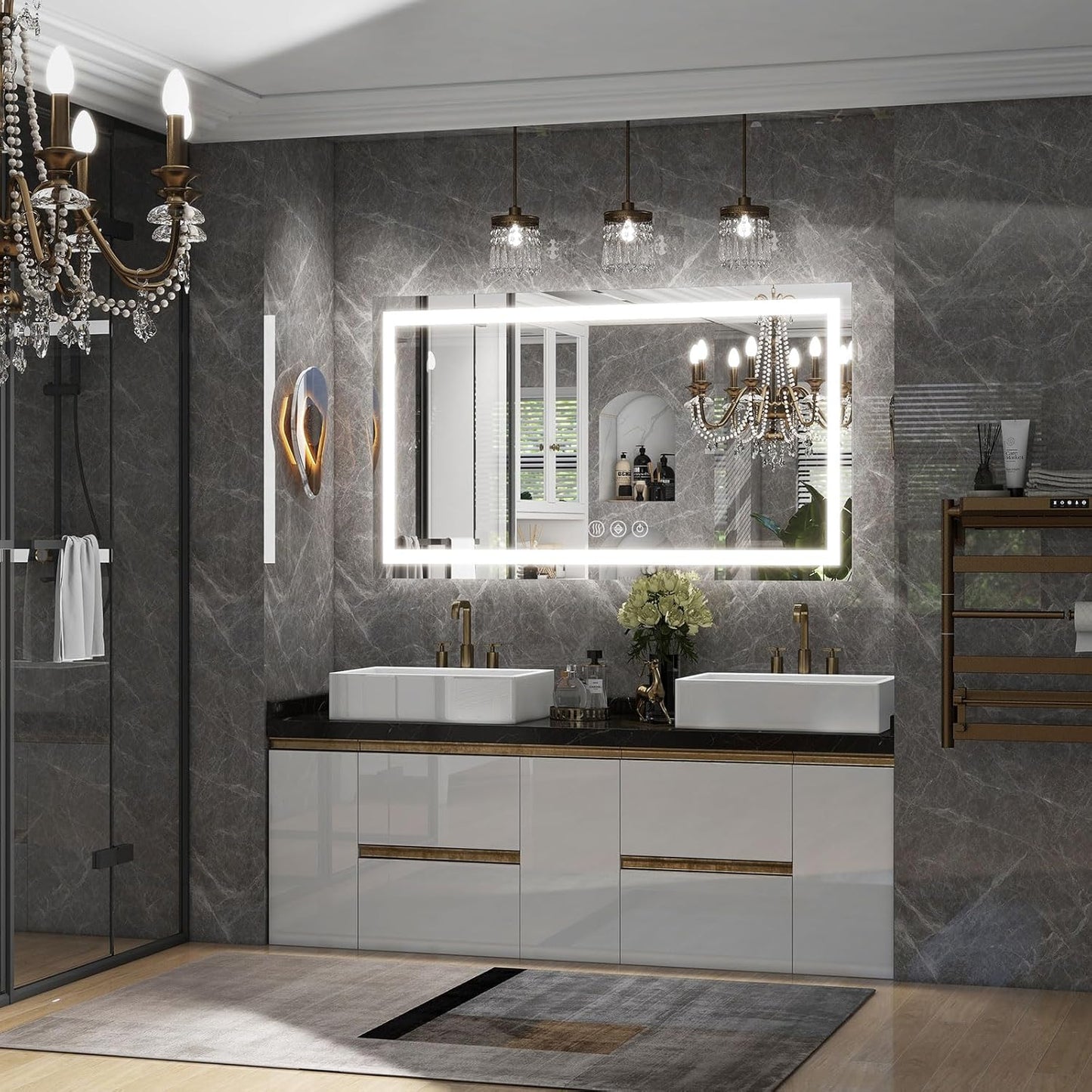LED Bathroom Mirror, 32x48 Inch White Framed Gradient Front and Backlit Vanity Mirror, Anti-Fog, Dimmable, Wall Mounted Horizontal/Vertical Lighted Mirror, LED Vanity