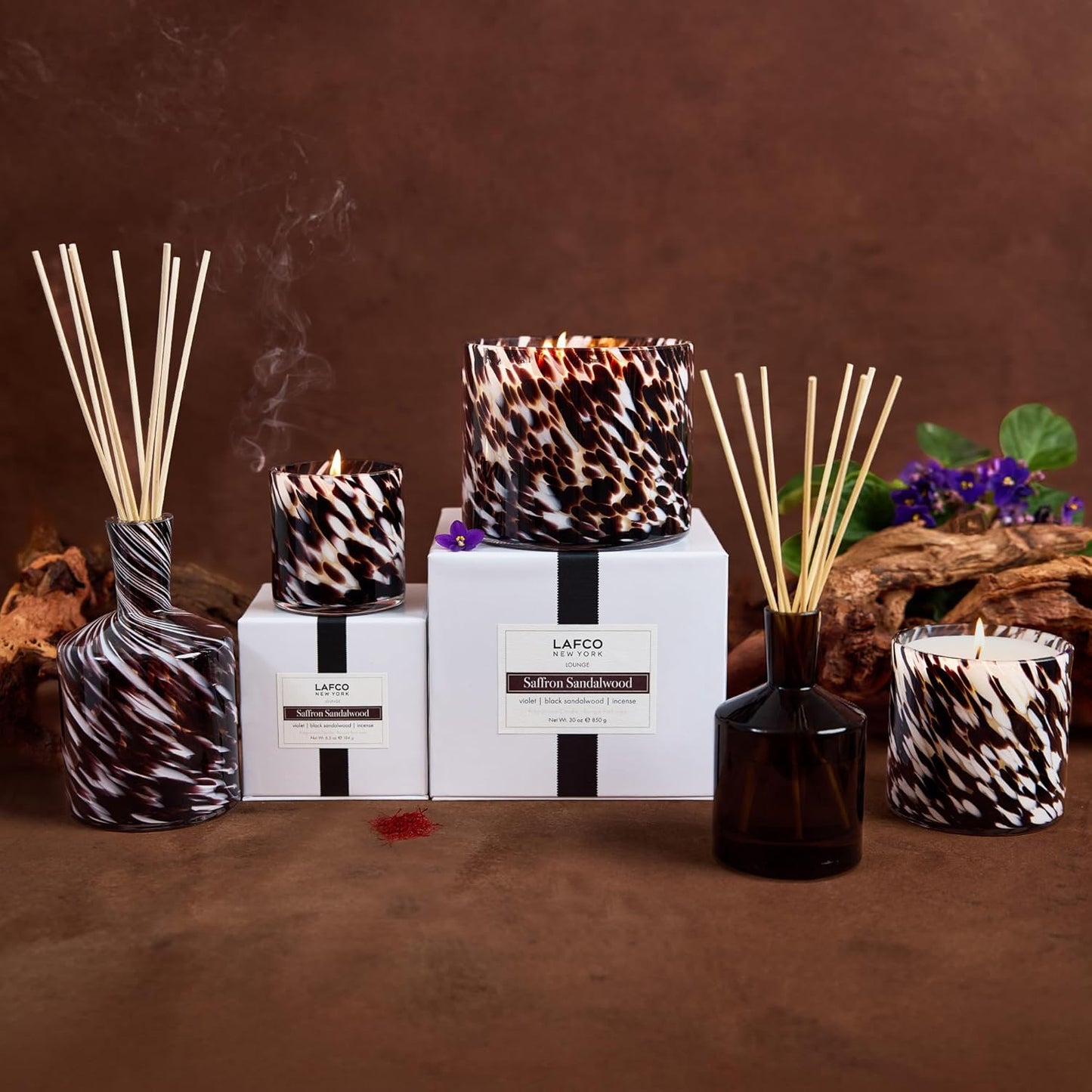 LAFCO New York Fall Classic Reed Diffuser, Saffron Sandalwood - 6 oz - Up to 3 Months Fragrance Life - Reusable, Hand Blown Glass Vessel - Natural Wood Reeds - Made in The USA