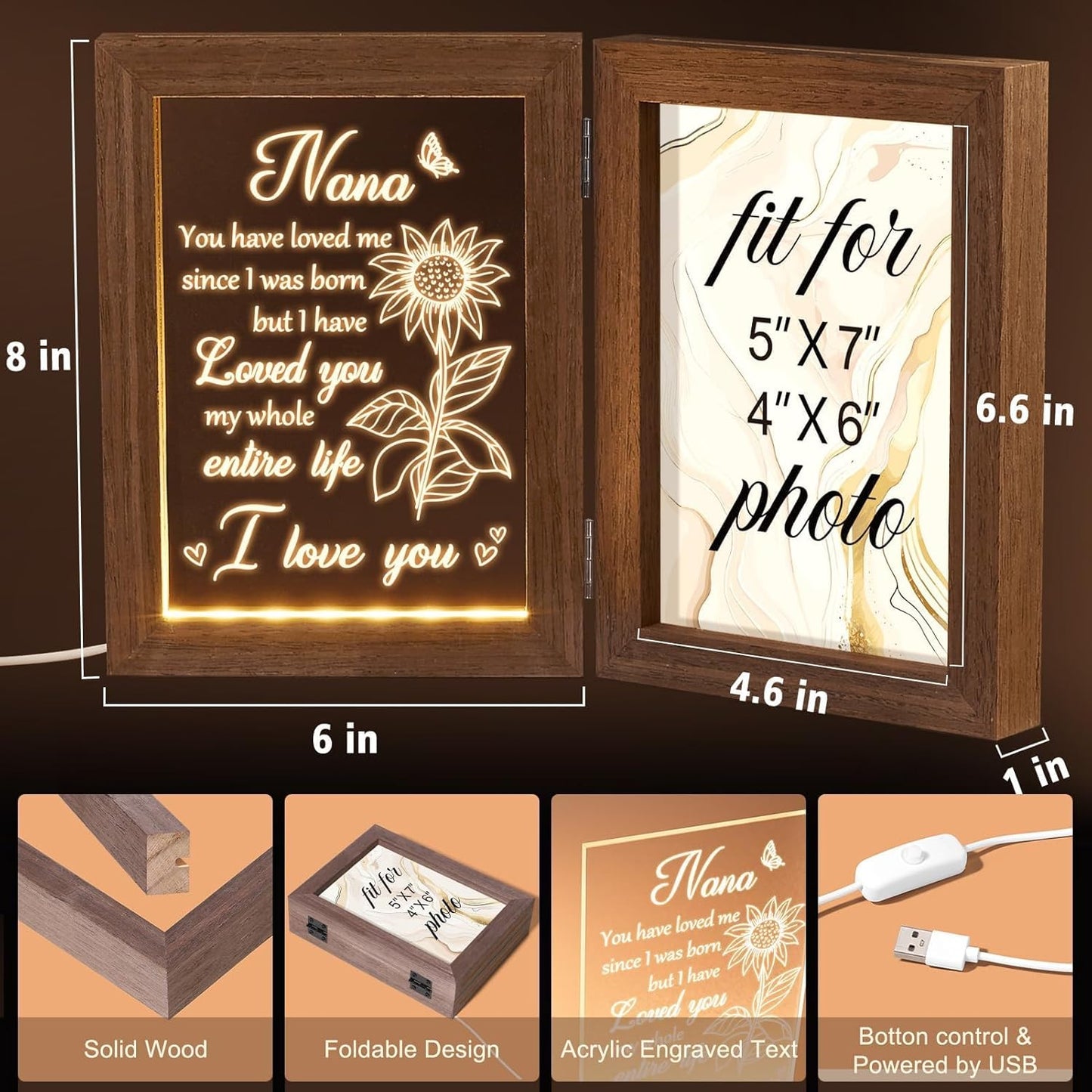 Nana Gifts Christmas Grandma Gifts from Grandkids Granddaughter Grandson, Night Light with Grandma Picture Frame for 5x7 Photo, Personalized Gift for Grandmother Gigi Granny Mimi Nana Birthday Gift