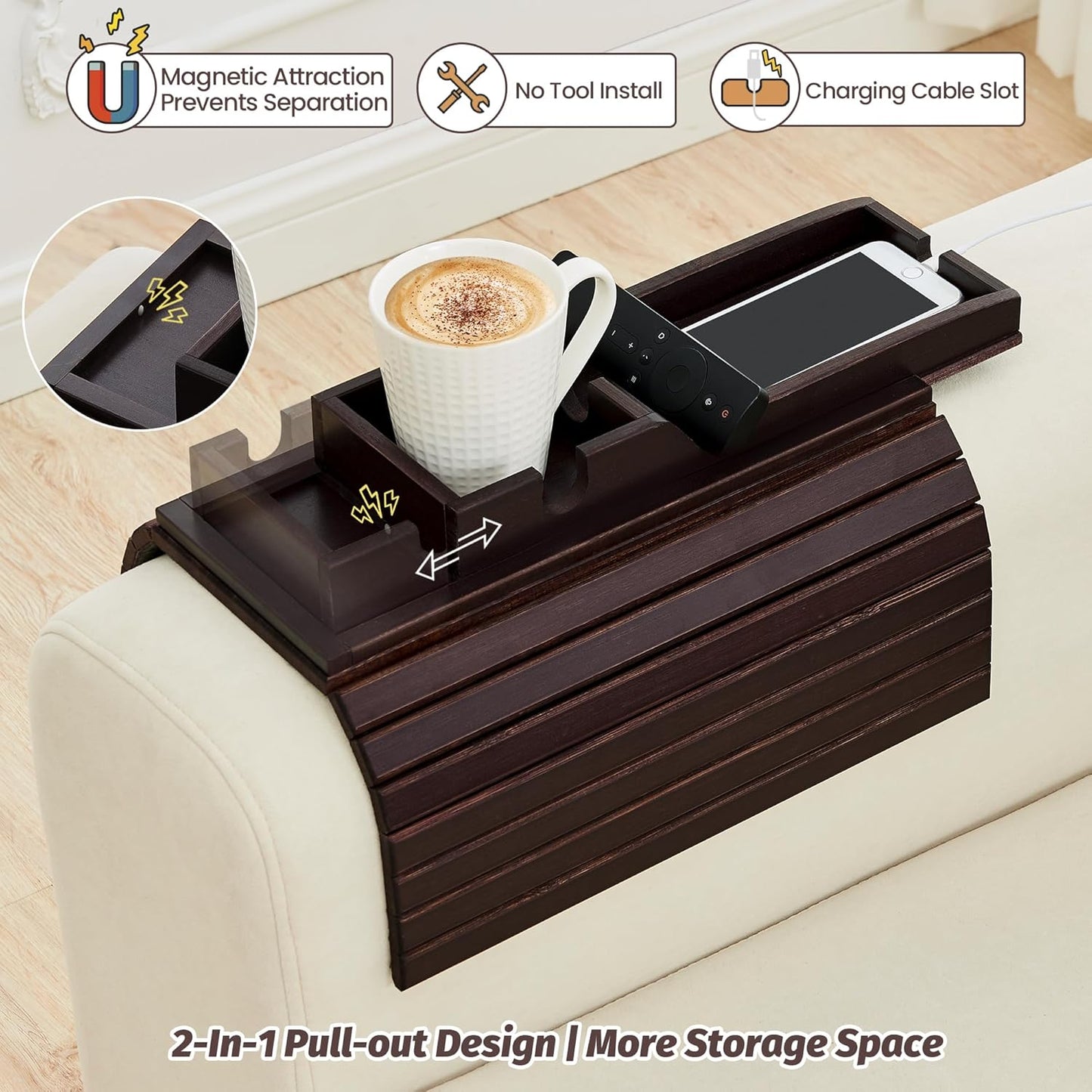 GEHE Detachable Couch Cup Holder, Anti Falling Sofa Arm Tray, Natural Bamboo Sofa Cup Holder More Safe for You Family, Portable Couch Arm Tray Armrest Table for Remote, Snacks, Phone, Drinks