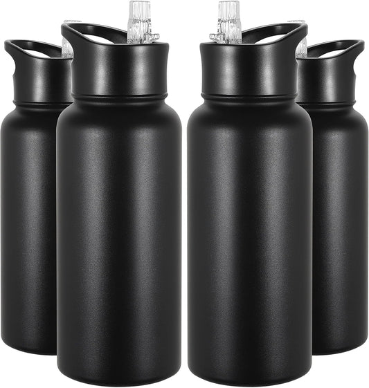 VEGOND 32 oz Insulated Water Bottle Bulk Stainless Steel Metal Water Bottles with Leak Proof Straw Lid & Spout Lid, Wide Mouth Double Walled Vacuum Travel Sports Bottle, Black 4 Pack