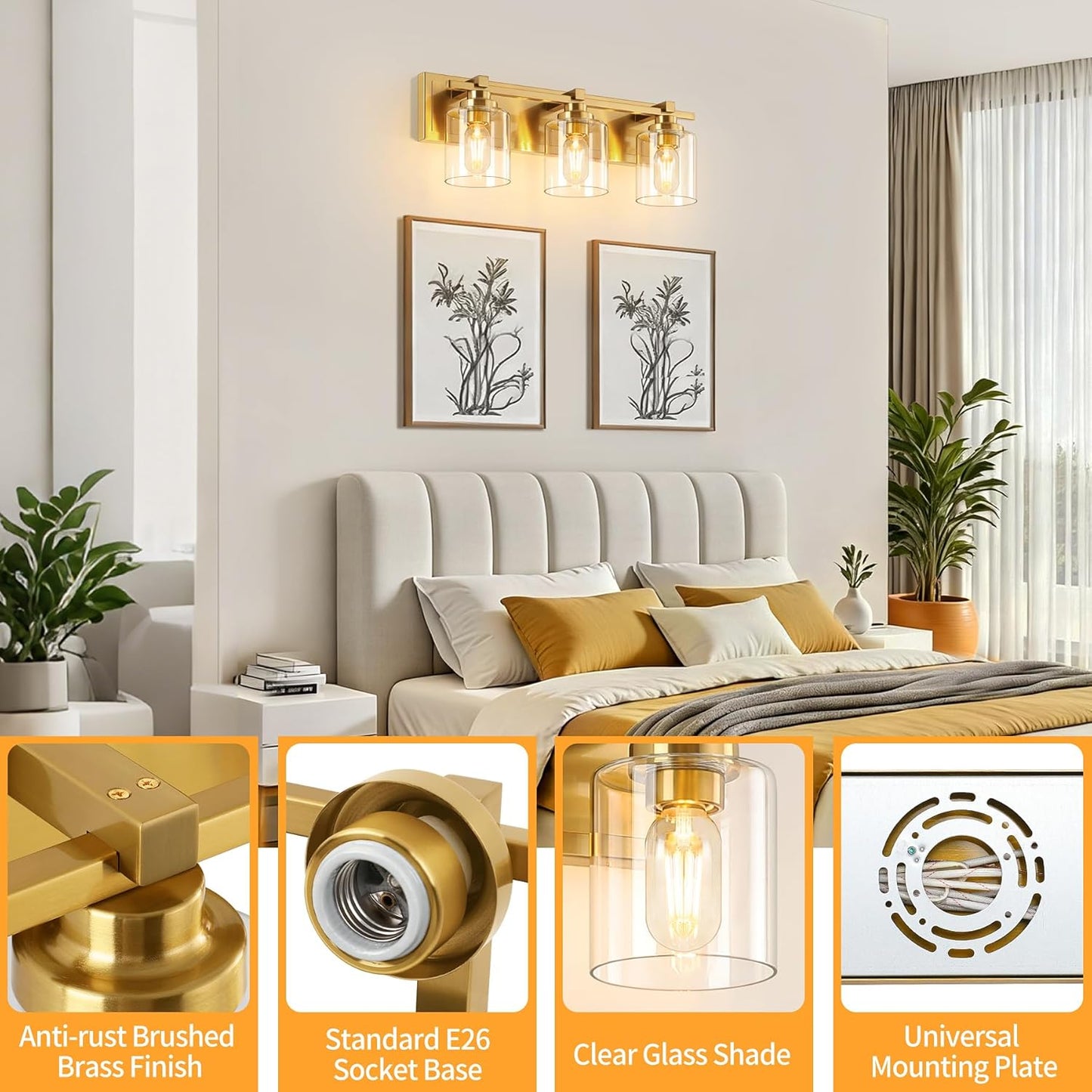 3 Light Modern Bathroom Light Fixtures Over Mirror, Brass Finish Vanity Lights for Bathroom Wall Sconces with Clear Glass Shades, E26 Socket (Bulbs Not Included)
