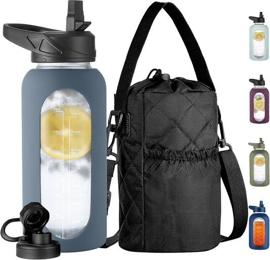 CIVAGO 32 oz Glass Water Bottle with Straw and Insulated Bottle Holder Sling, Motivational Water jug with Time Marker and Silicone Sleeve, Water Flask with 2 Lids for Walking and Gym Smog Blue