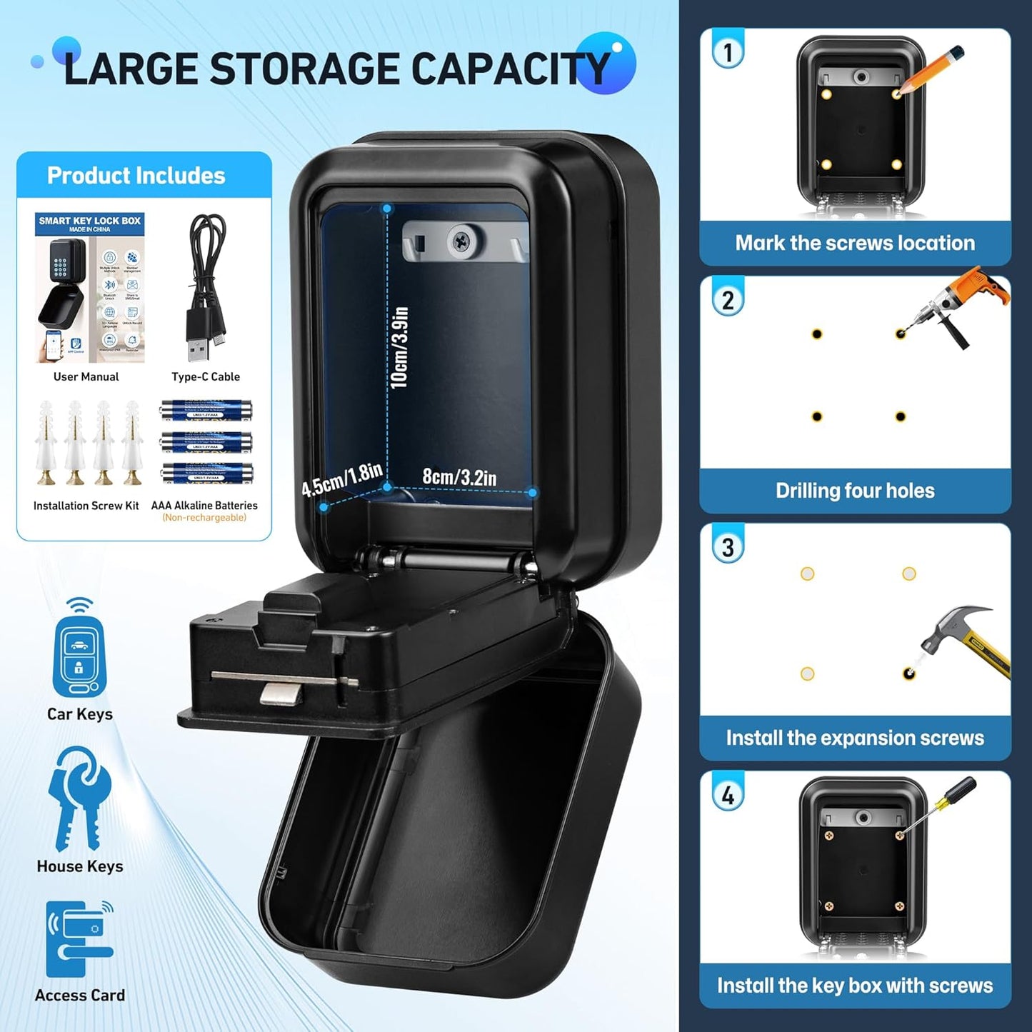 HUANLANG Smart Key Lock Box - Bluetooth Electronic Lock Box for Keys, Wall Mount Digital Key Storage with App Control & PIN Code Types, IP65 Waterproof lockbox for Home, Airbnb, Realtor and Office