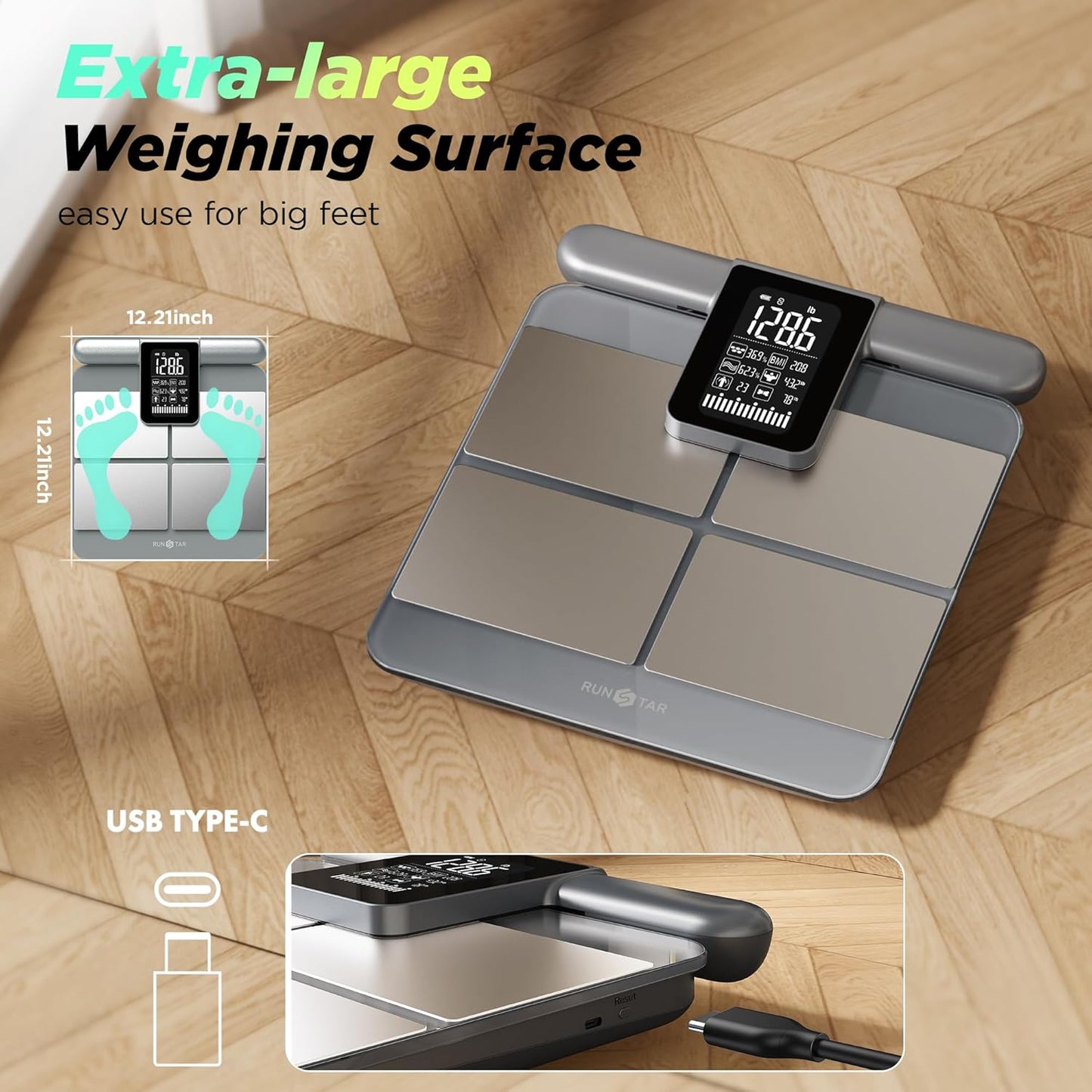 RunStar Scale for Body Weight and Fat Percentage, 8-Electrodes Precision Digital Smart Scale for BMI 28 Body Composition Measurement, Silver Bathroom Smart Scales with Large Display