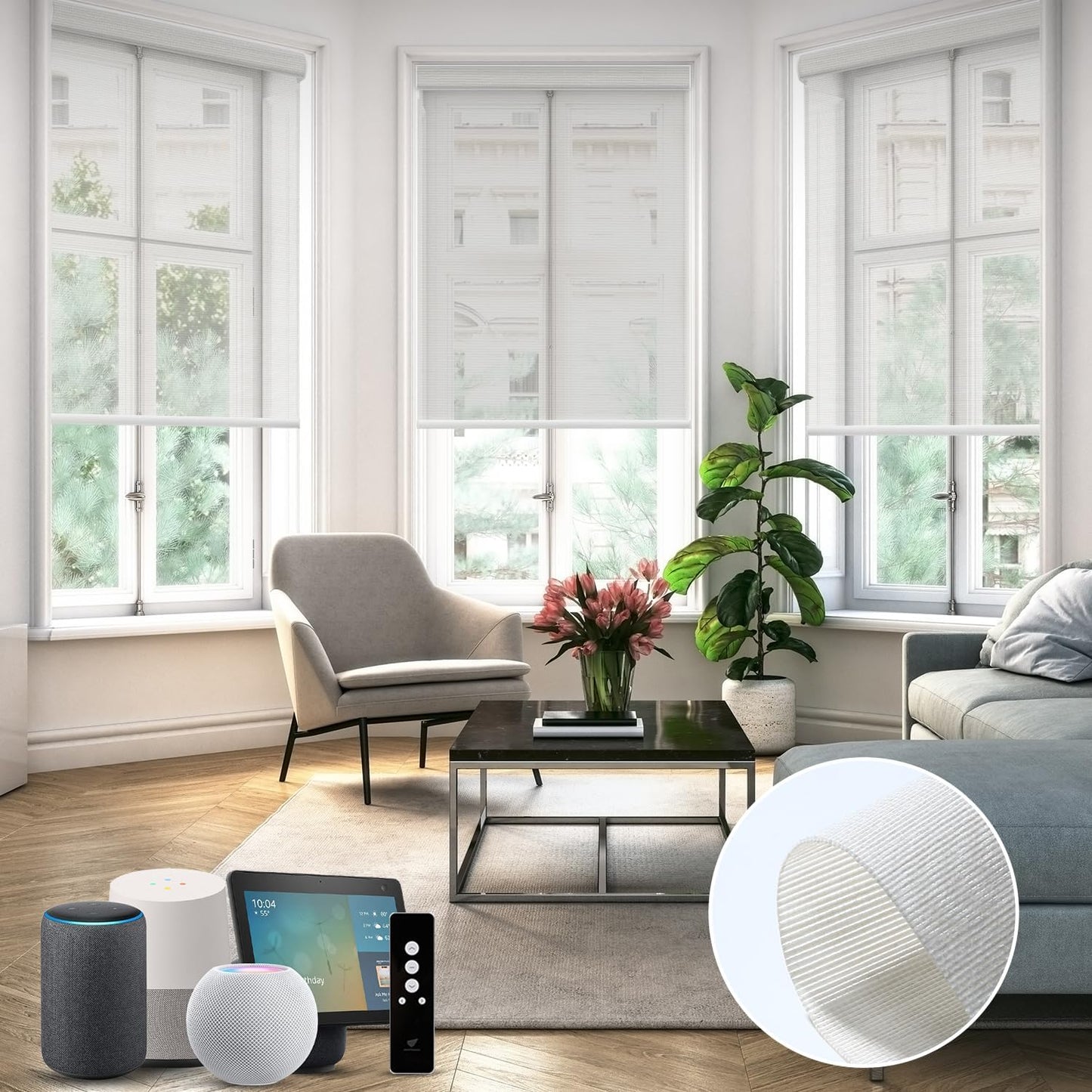 SmartWings Motorized Light Filtering Shades, 50% Blackout PVC Free Smart Blinds, Custom Size, Rechargeable Battery, Works with Matter/Apple HomeKit, Alexa, Thread/Zigbee, Remote Optional, 50% Pearl