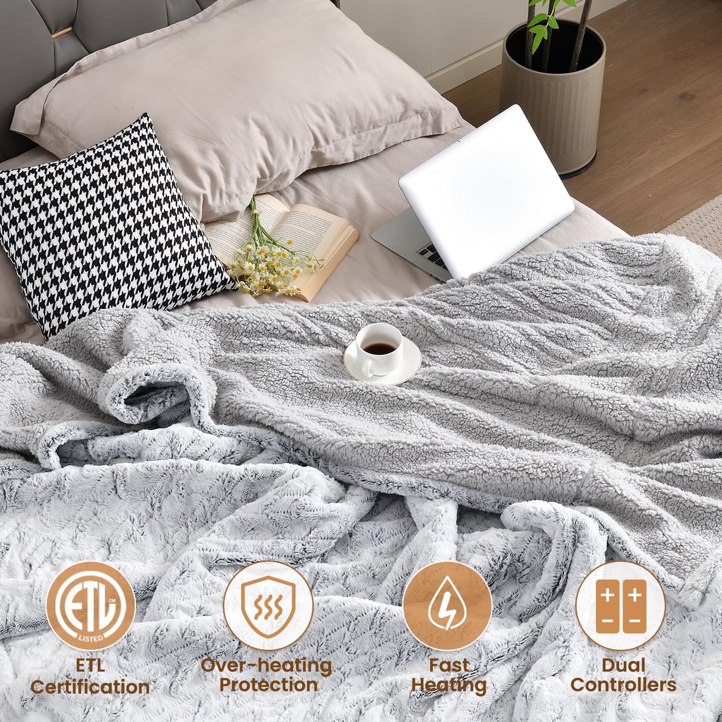 Bearhug Electric Blanket King Size 100" x 90" Dual Controllers Heated Blanket, 10 Heat Settings, 1-12 Hour Auto Shut-Off, Faux Fur & Sherpa Dual-Sided, Machine Washable, Gift-Ready Elegant Packaging