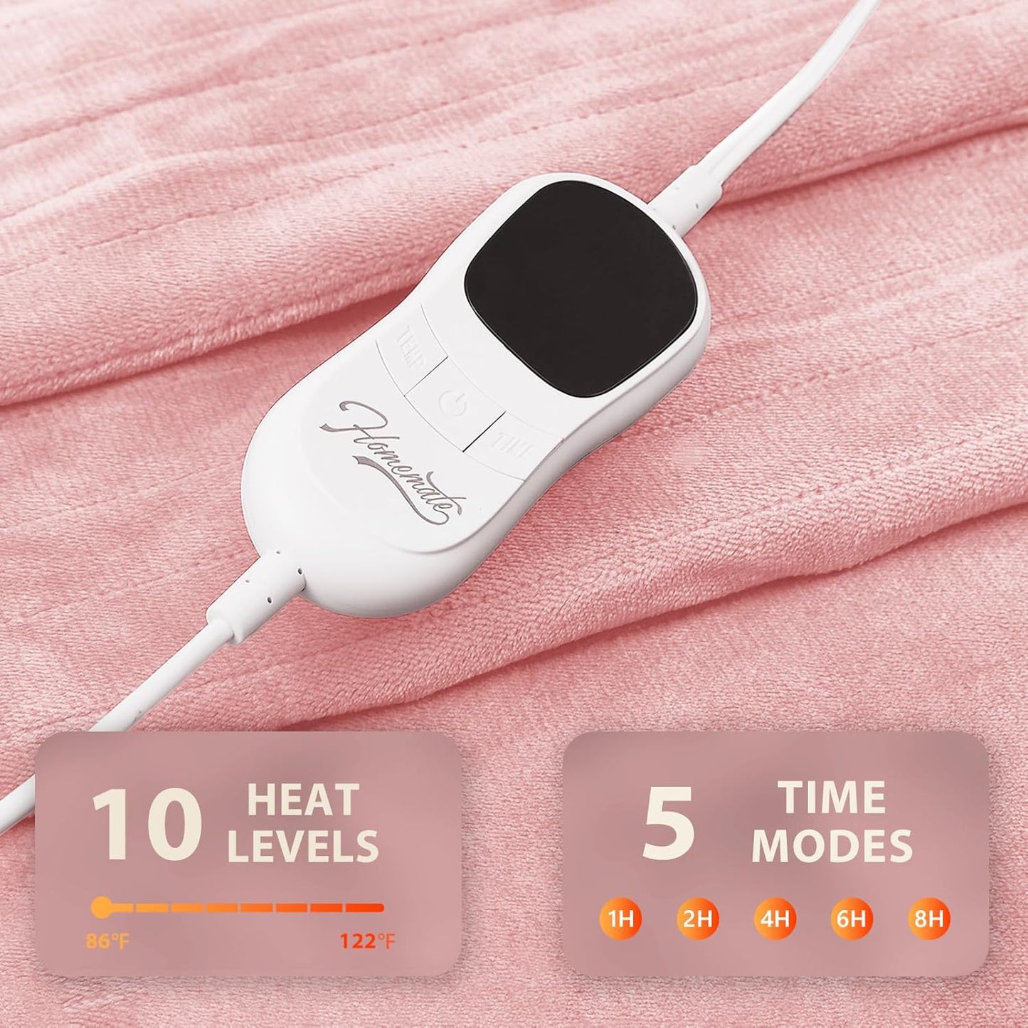 Homemate Electric Heated Blanket Queen Size - 84"x90" Heating Blanket Queen Size Dual Control 1/2/4/6/8 Hours Auto-Off 10 Heat Level Over-Heat Protection Flannel Sherpa ETL Certification