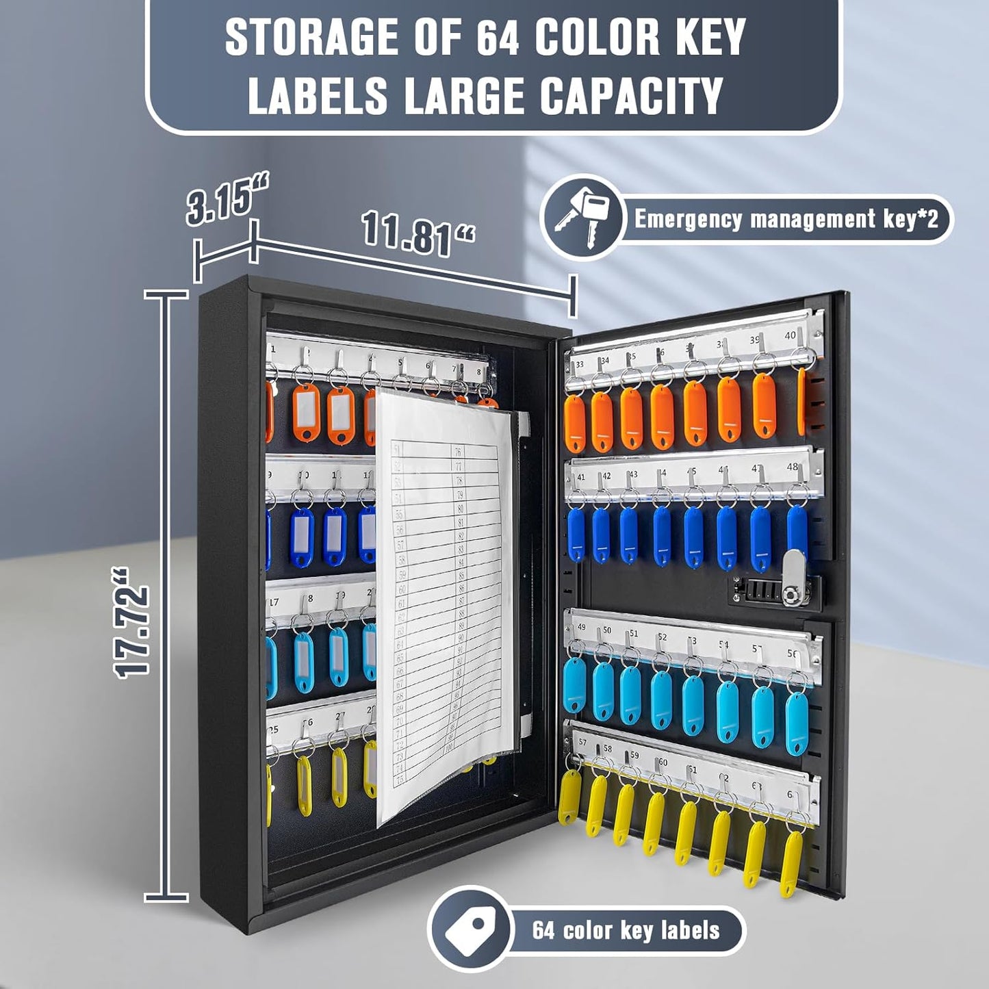 Key Cabinets, Key Organizer Box(64 Keys),Key Cabinet Wall Mount, Key Lock Box Wall Mount for Hotels Offices Property Management Apartment Complexes Car Lots Car Dealerships and Repair Shops
