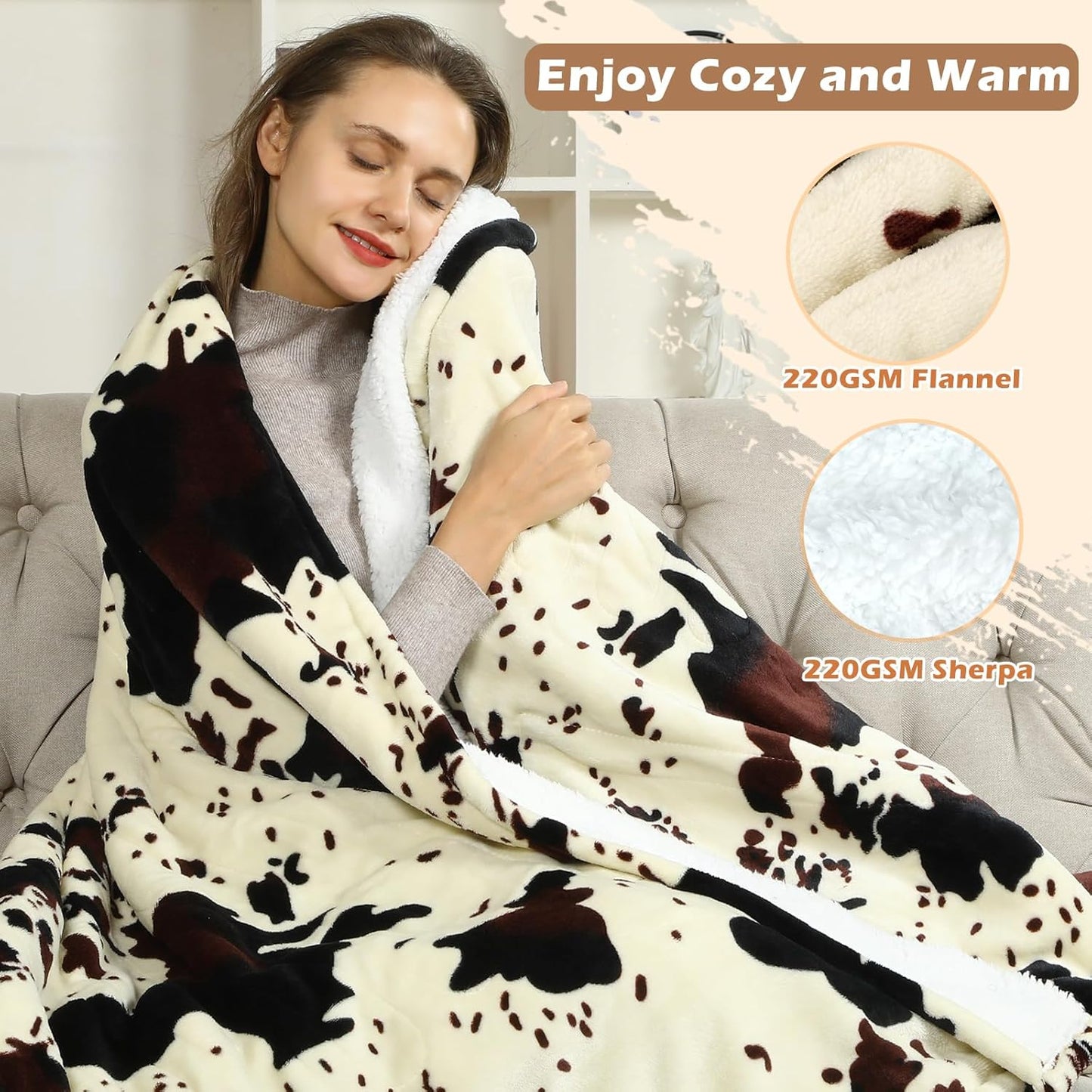 Cow Print Heated Blanket, 90"x100" Electric Blanket King Size Dual Control, Cozy Soft Flannel Sherpa Heating Blankets with 9 Heat Levels & 2/4/8/12H Auto-Off