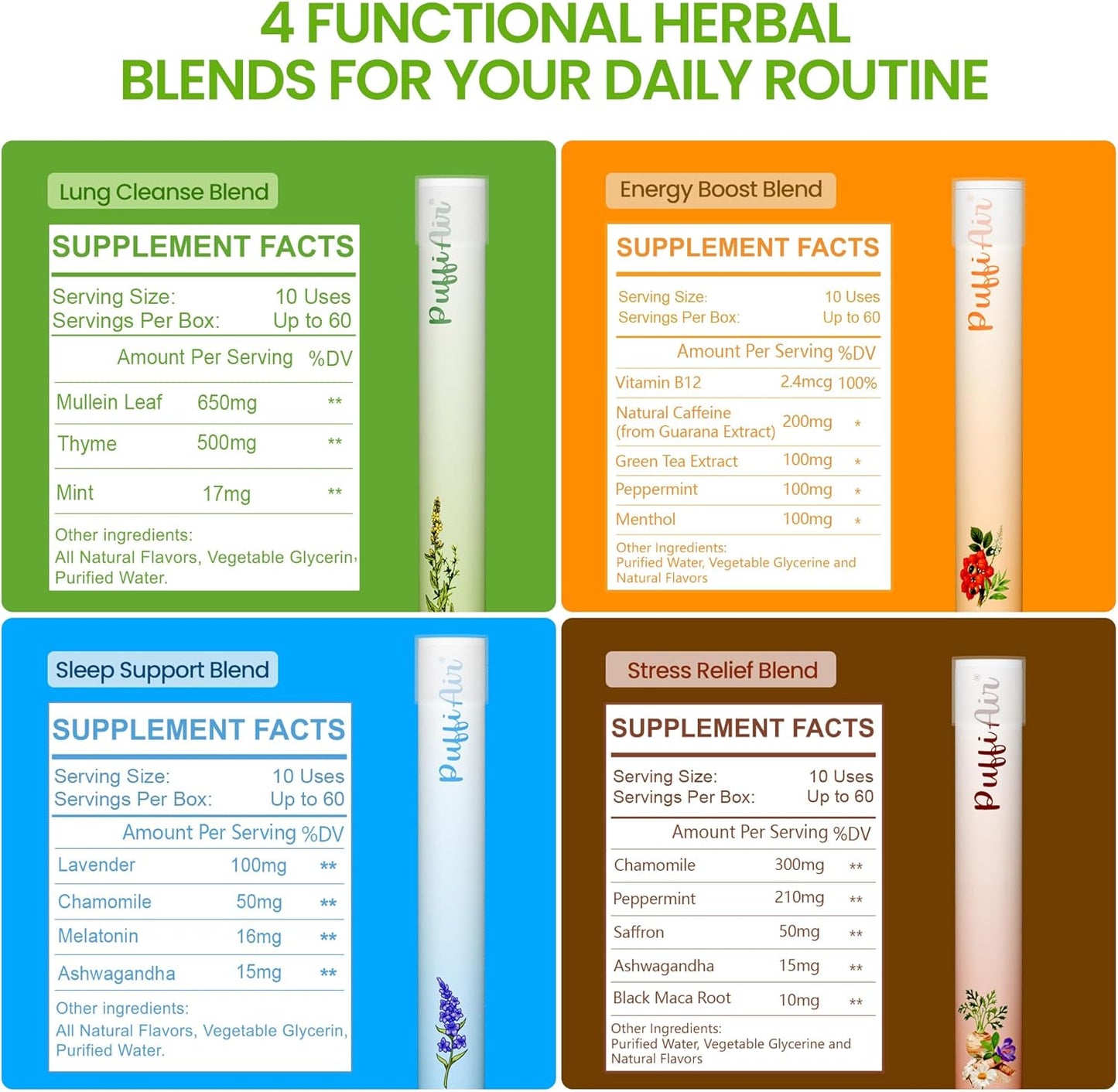 PUFFIAIR Balanced Routine Quad Herbal Diffuser Pen Set | Energy Relax Calm Blends | Green Brown Orange Blue | 4 Count