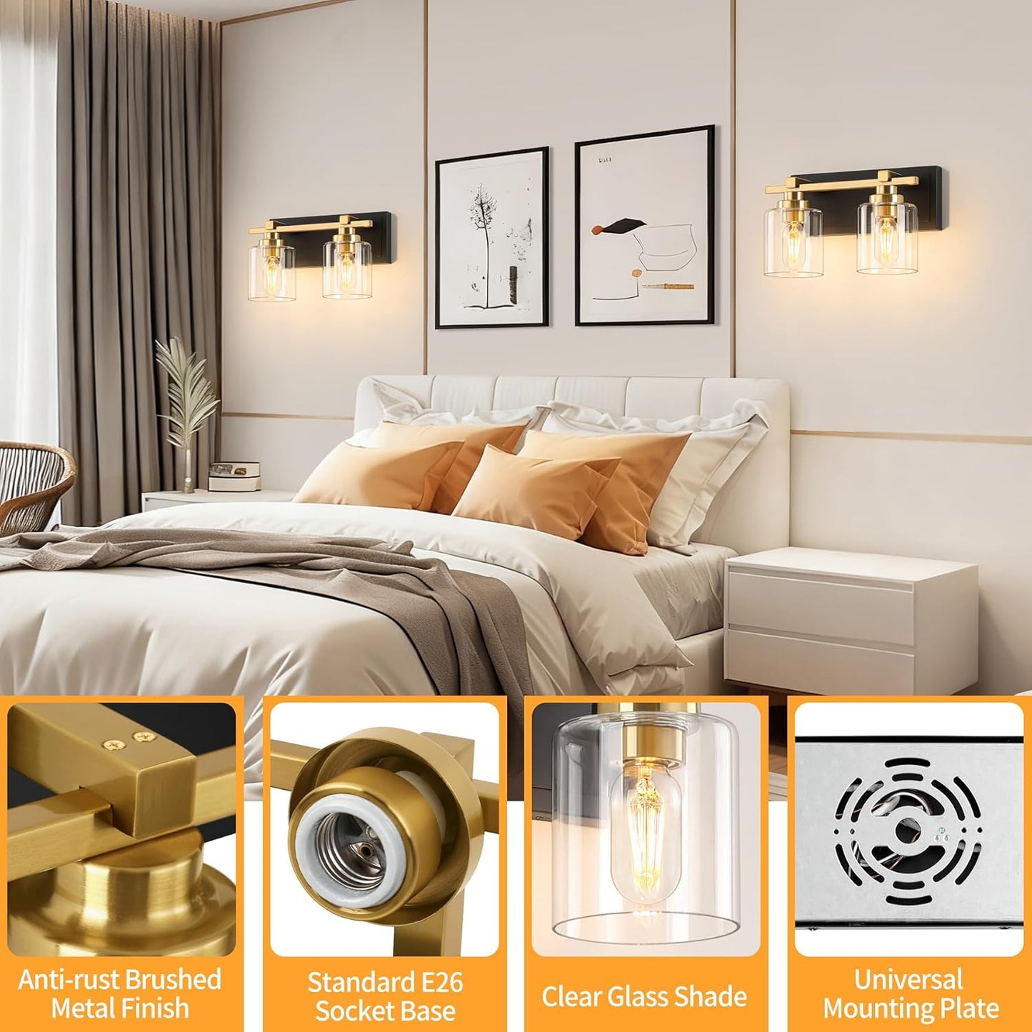 2 Light Modern Bathroom Light Fixtures Over Mirror, Black Gold Vanity Lights for Bathroom Wall Sconces with Clear Glass Shades, E26 Socket (Bulbs Not Included)