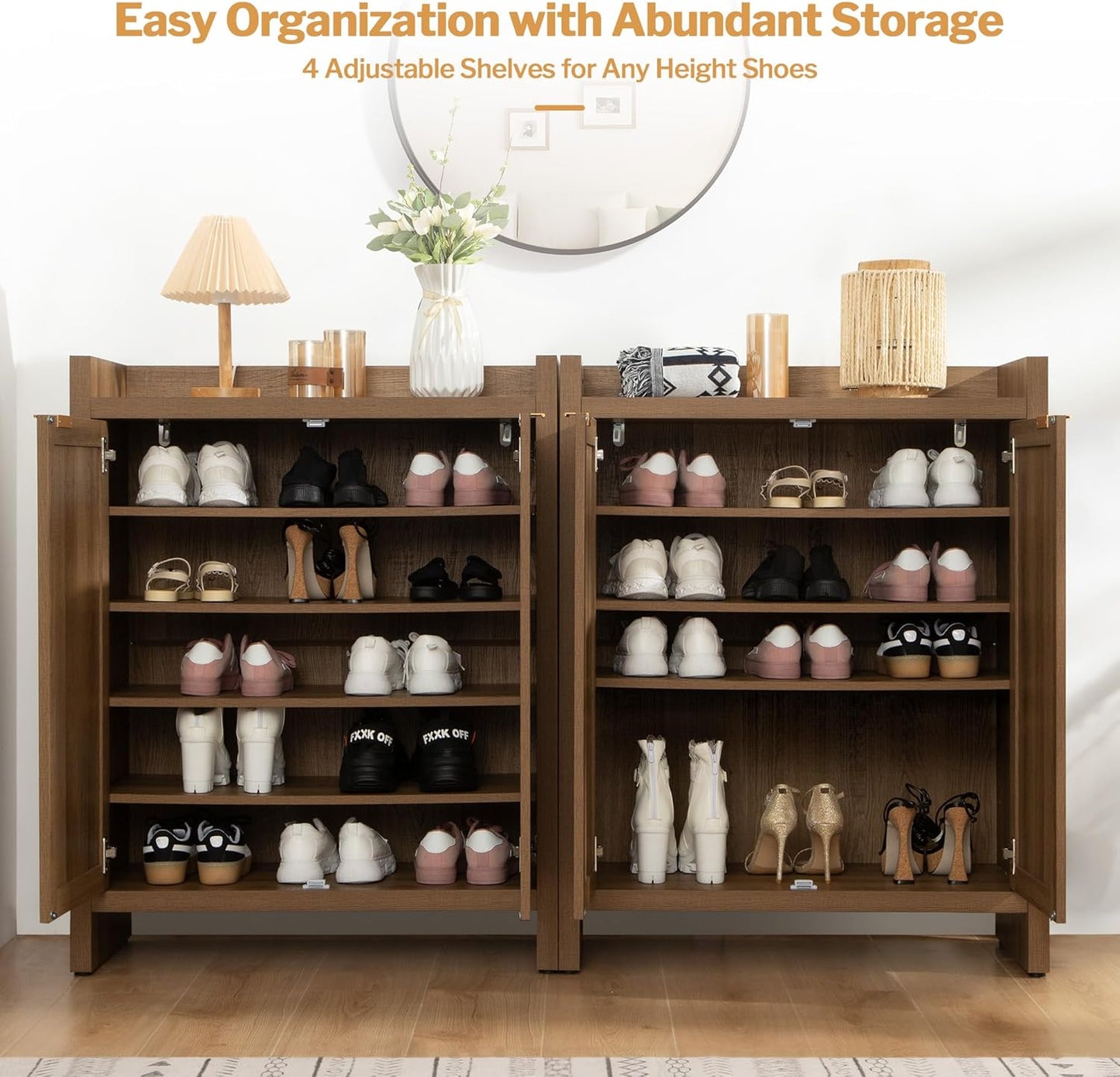 SICOTAS Shoe Cabinet Set of 3, Large Capacity Shoe Storage Organizer Cabinet, Tall Rattan Shoe Cabinet with Doors and Shelves, 6-Tier Farmhouse Boho Wooden Storage Cabinet for Entryway Hallway
