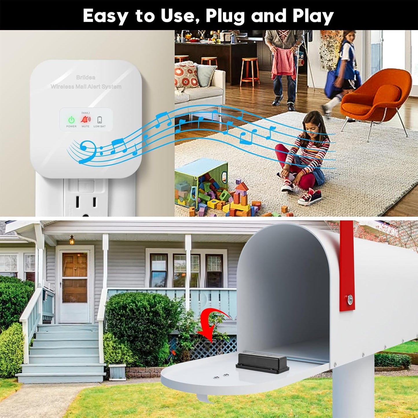 Briidea Mailbox Alarm, Wireless, Battery Powered, White, 500ft Range, LED Flash & Sound Alerts, Low Battery Reminder, Easy Installation, Secure Your Mail & Never Miss an Alert