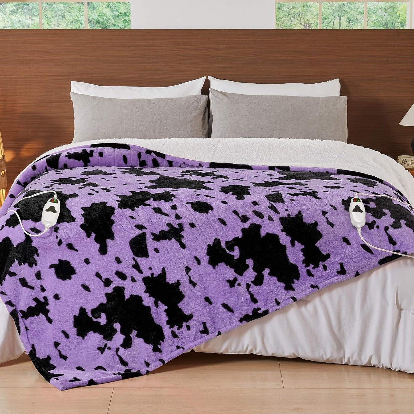Cow Print Electric Heated Blanket King Size,90X100 Purple Heating Blanket King With Dual Control&Timer&10 Heat Levels,Highland Cow Decor Fleece Sherpa Blankets Warmer Gifts for Bed Women Adults