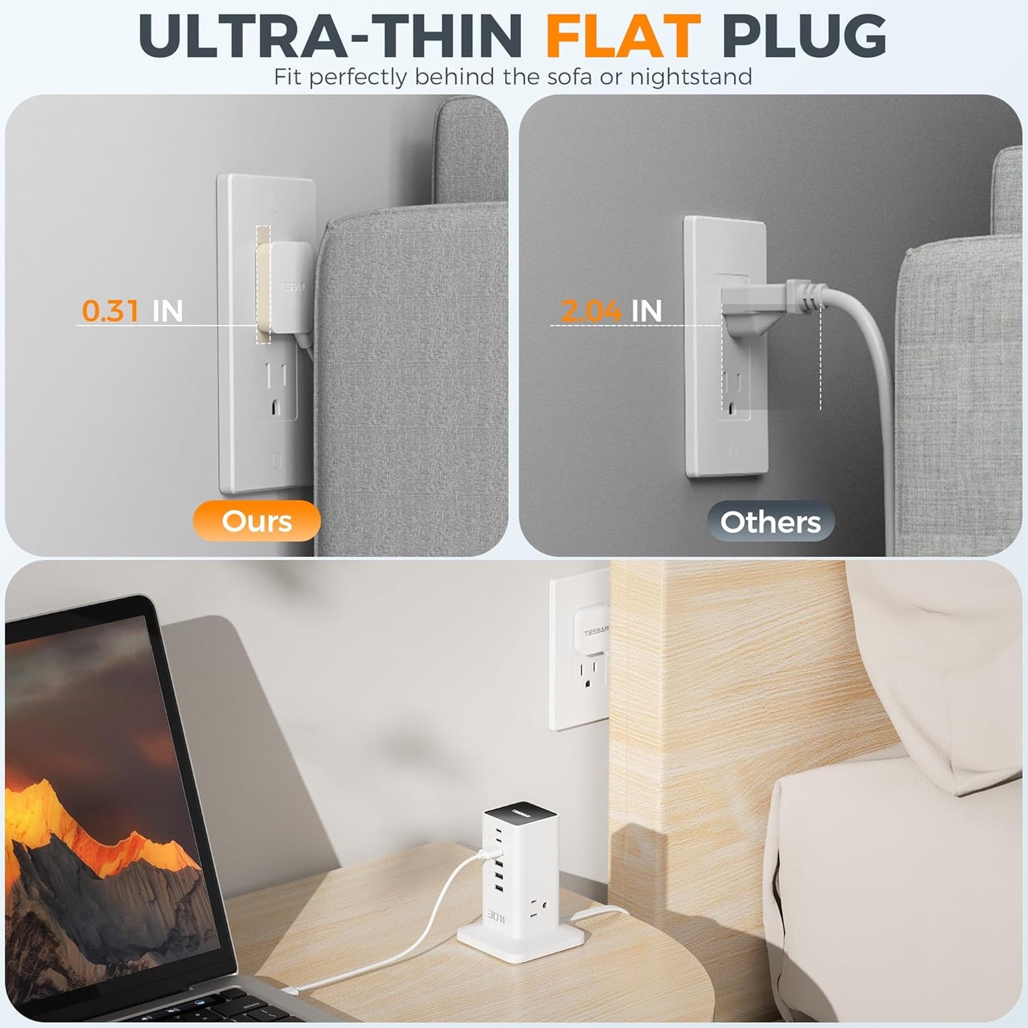 Charging Station 30W, TESSAN 9-in-1 Charger Blocks for iPhone 17/16/15/14, Tablets, Earphone with Surge Protector, 5ft Flat Extension Cord with 4 USB A, and 2 USB C for Home, Office, Drom, White