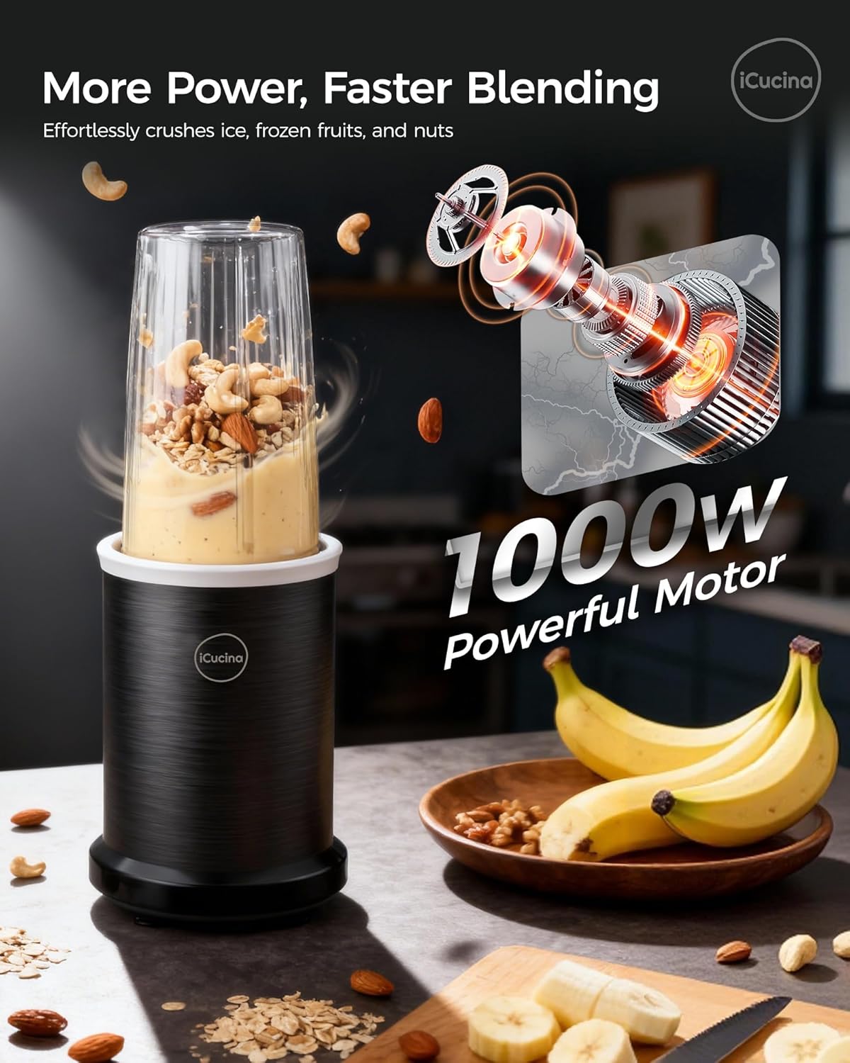 iCucina Smoothie Blender, 1000W Personal Blender for Shakes and Smoothies with 2 x 37oz Protable Cups and Lids, Single Serve Blenders for Ice Crushing, Bean Grinding, Frozen Fruit Drinks, Black