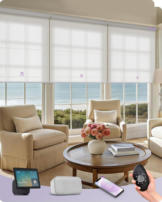 Graywind Smart Coupled Roller Shades Compatible with Alexa Google Custom Size Extra Large Motorized Blinds for Windows(5% Openess White)