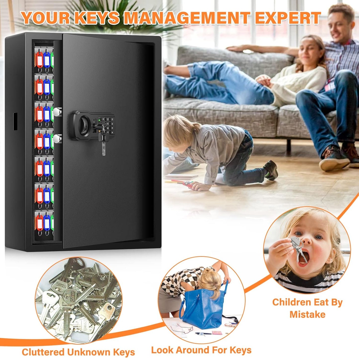 144 Keys Fireproof Key Cabinet, Anti-Theft Heavy Duty Key Lock Box with Key Tags, Adjustable Key Organizer Wall Safe with Combination Lock for Car Office House Garage Rental Business