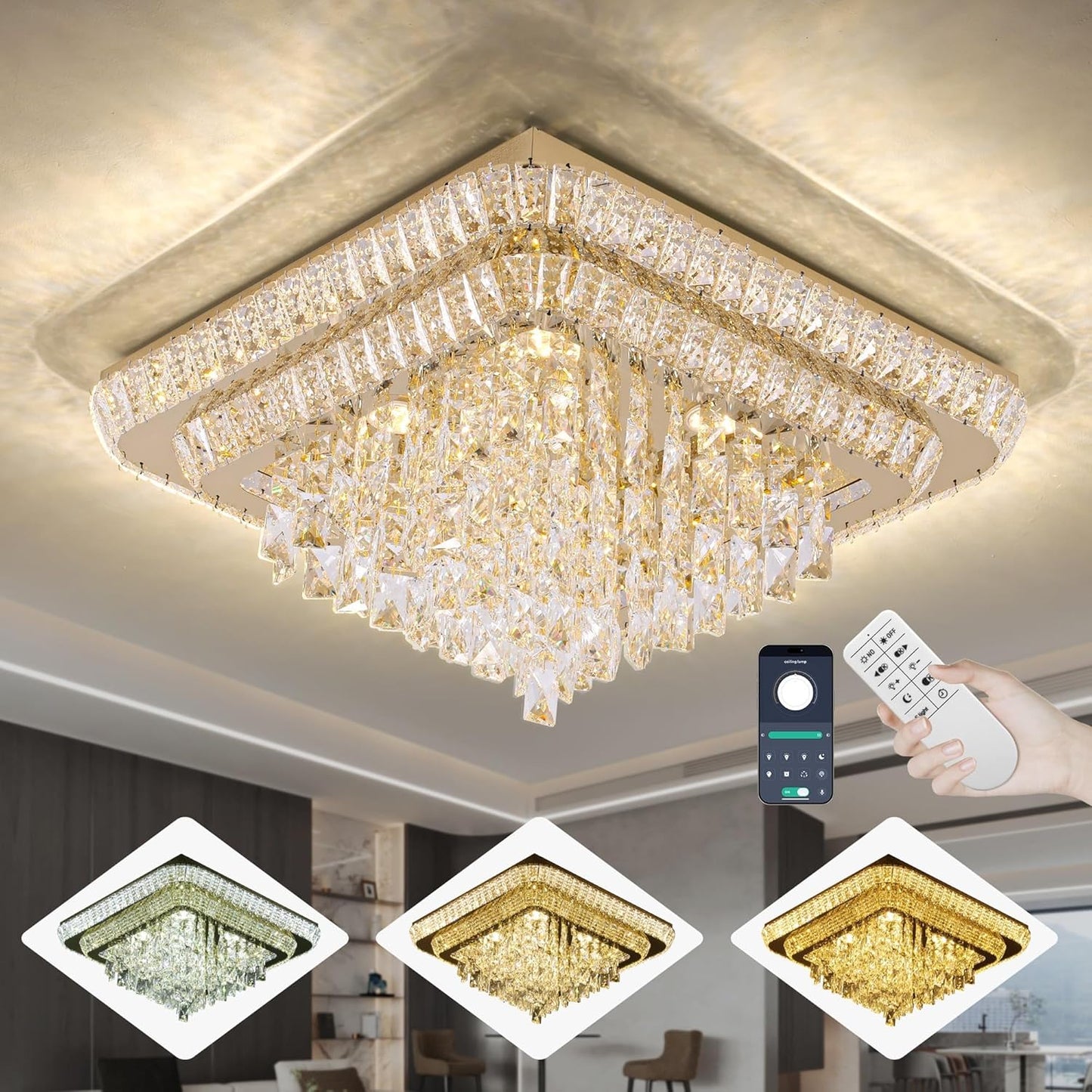 Elegant LED Gold Crystal Raindrop Ceiling Light,24 Inch Square Flush Mount Chandelier with Remote for Living Room Kitchen Island Bedroom Hallway Entryway Foyer (Dimmable)