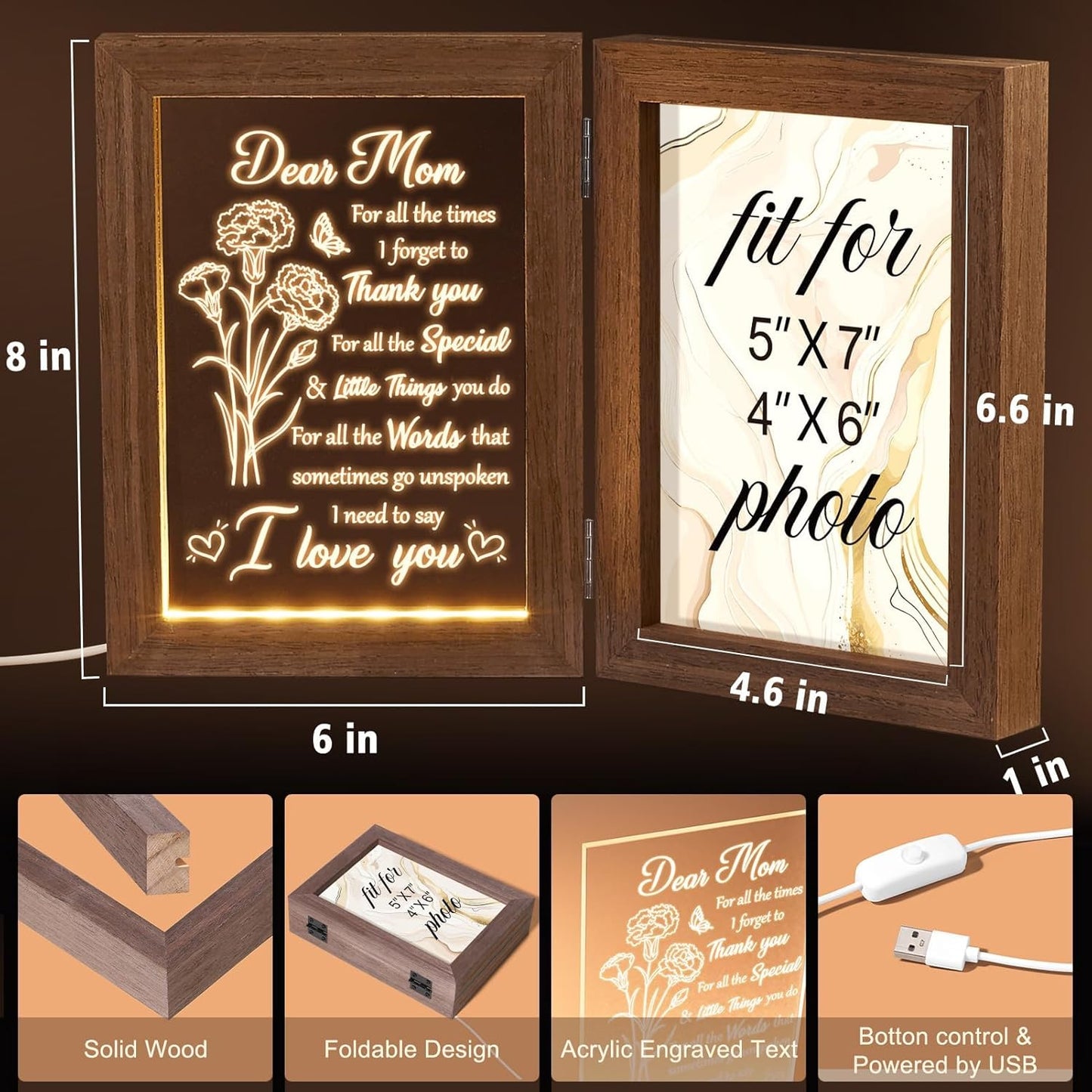 Mom Gifts from Daughters Son Unique Christmas Gifts for Mom, Engraved Night Light with Mommy Picture Frame 5x7 Solid Wood, Mother-in-Law Gift from Daughter-in-Law, Birthday New Mama Gift for Women