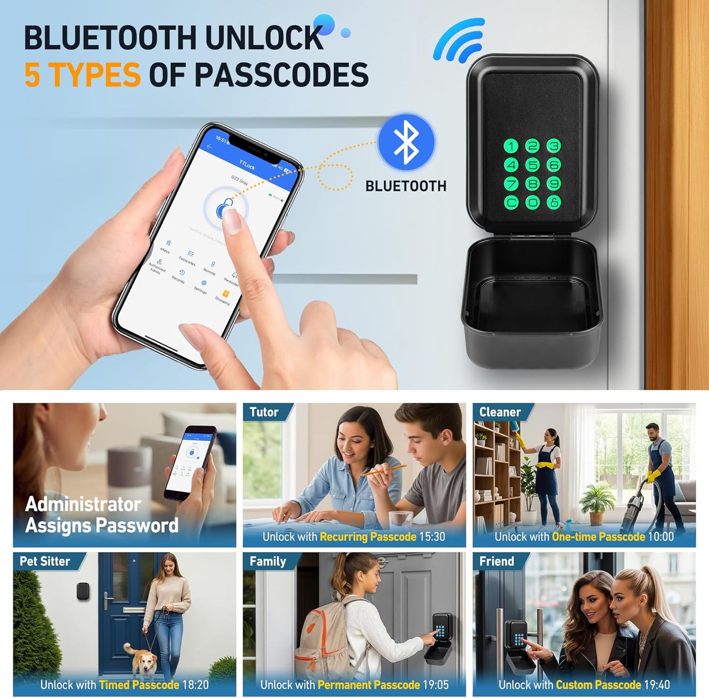 HUANLANG Smart Key Lock Box - Bluetooth Electronic Lock Box for Keys, Wall Mount Digital Key Storage with App Control & PIN Code Types, IP65 Waterproof lockbox for Home, Airbnb, Realtor and Office