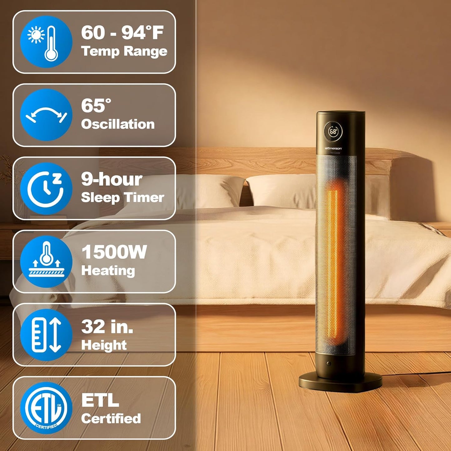 Emerson SmartVoice 32" Tower - Space Heater, Offline 40+ Voice Control Commands, No APP, No WIFI, No Setup, 1500W Heating, 65° oscillation, 9-Hr Sleep Timer, w/Remote Control