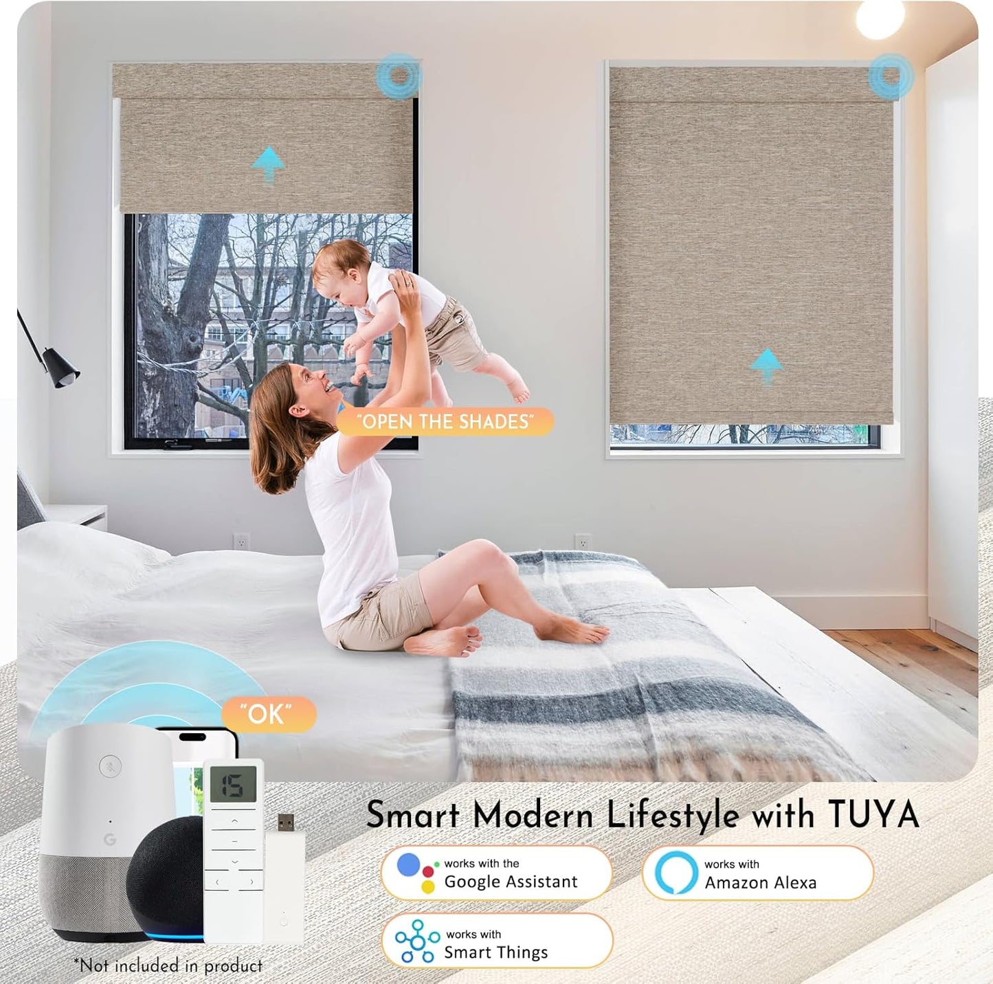 Persilux Smart Motorized Blinds with Remote, No Drill Automatic Roller Shades for Indoor Windows, Blackout Linen Fabric, Electric Blinds for Windows, Linen Light Brown C156BO-3, Custom Size