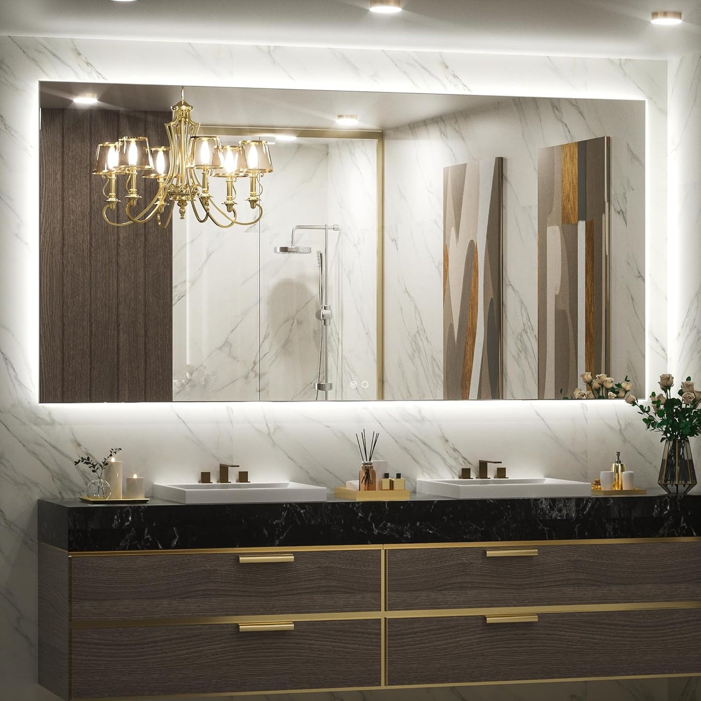 Keonjinn LED Backlit Mirror 72” x 35.9” Oversized Lighted Bathroom Mirror with UL Listed LED Driver, Large Stepless Dimmable Wall Mirror, Tempered Glass, CRI90+ Anti Fog Vanity Mirror with Backlights