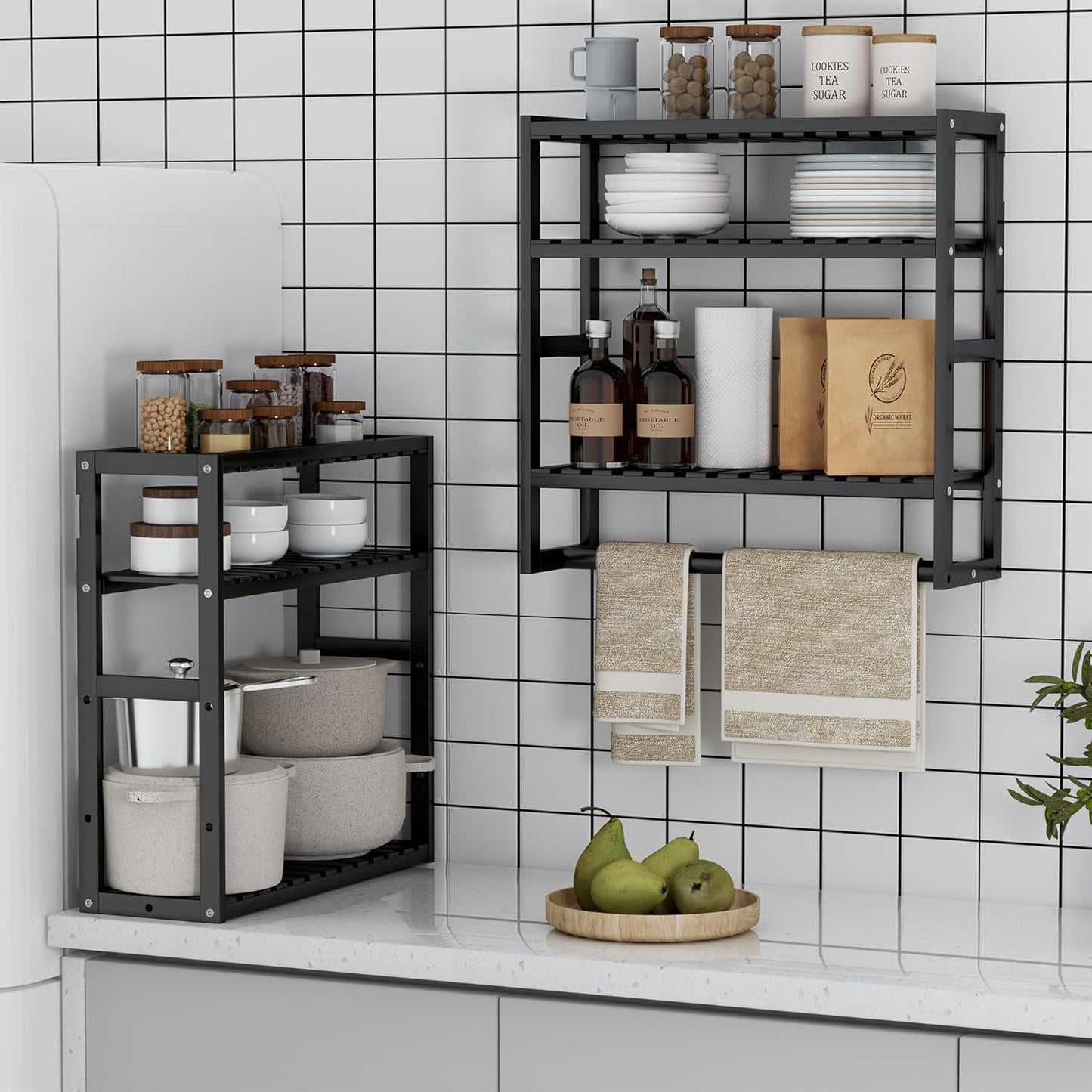 PPN Towel Rack Bathroom Storage Shelves Over The Toilet with Towel Bar 100% Bamboo Adjustable Height Floating Shelf Wall Shower Shelf for Small Space Bathroom Kitchen Multi Usage (Black-2Pack)