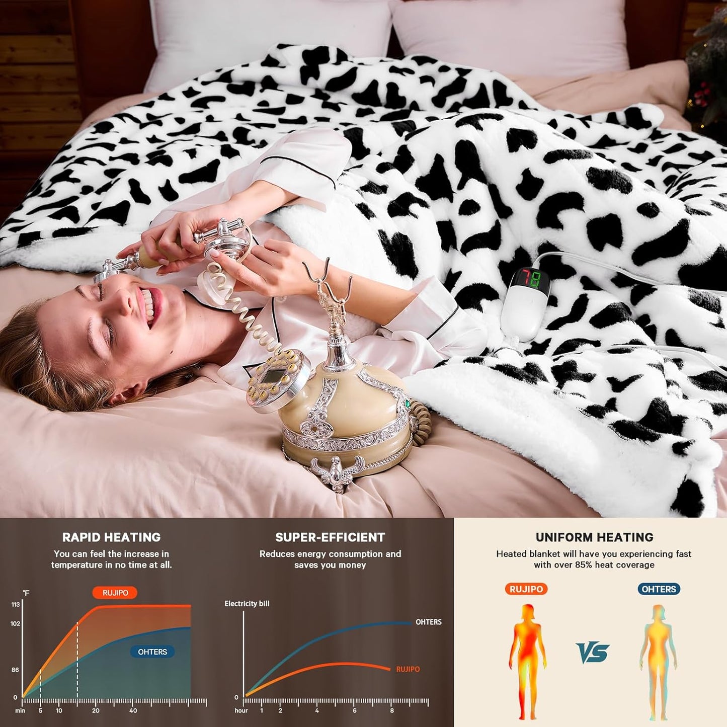 Cow Print Electric Heated Blanket King Size,90X100 Black Heating Blanket King with Dual Control&Timer&10 Heat Level,Cute Cow Decor Fleece Sherpa Blankets Warmer Gifts for Bed Women Adults