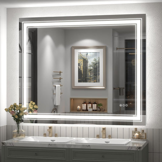 48x40 inch Large LED Bathroom Mirror, Lighted Vanity Mirror for Wall, Dimmable, Anti-Fog, Shatter-Proof, ETL Listed (Front Lights + Backlit)