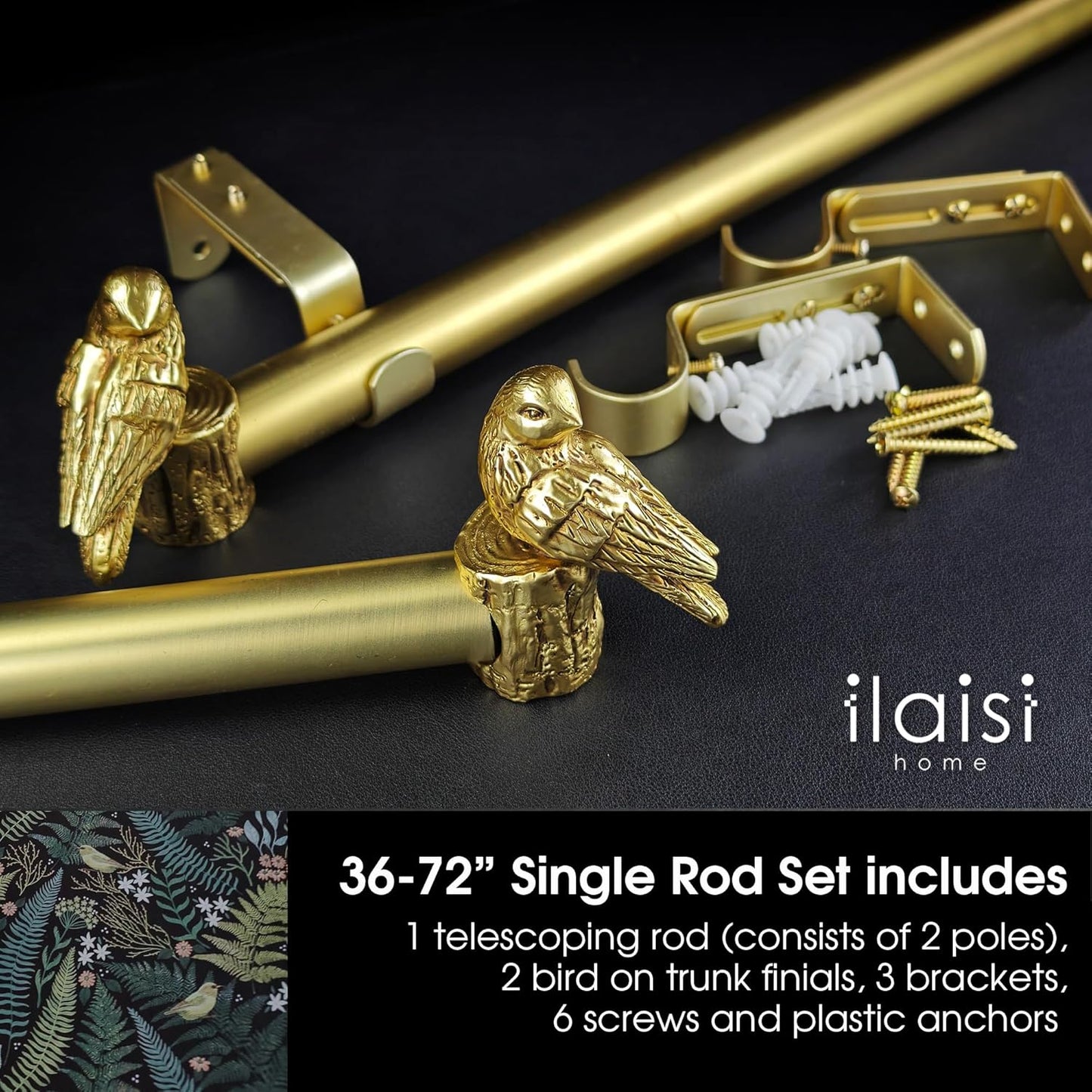 1-1/8 Inch Diameter Brushed Gold Curtain Rod with Bird Design Finials, 36-72'' Telescoping Single Curtain Rods for window width 24-68 inch, 1 pack
