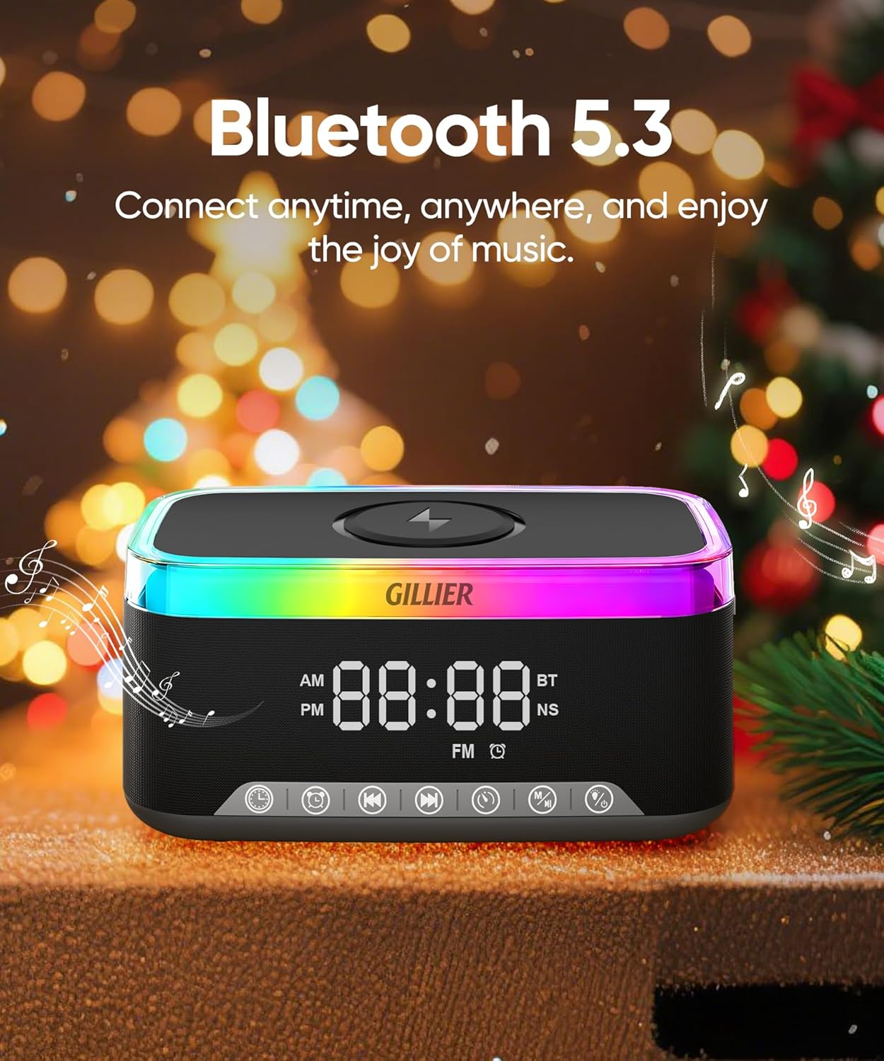 Wireless Charging Alarm Clock Radio for Bedrooms – 15W Fast Wireless Charger for iPhone/Samsung-Stereo Bluetooth Speaker with FM Radio, Dimmable Display, USB Port, Sleep Timer, Gifts for Christmas