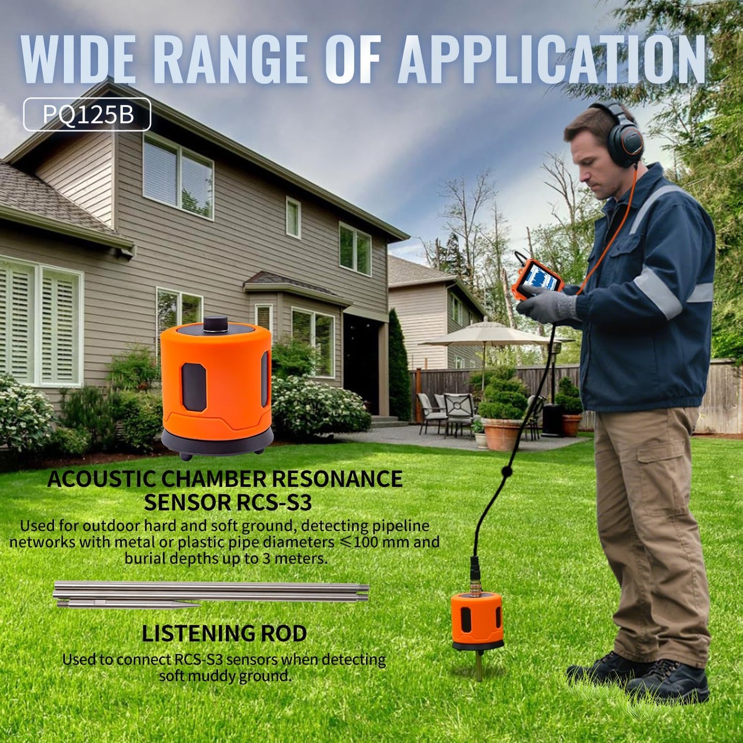 PQWT 125B Water Leak Detector, Outdoor Underground Pipe Leak Detection (9.84ft/3m Depth)