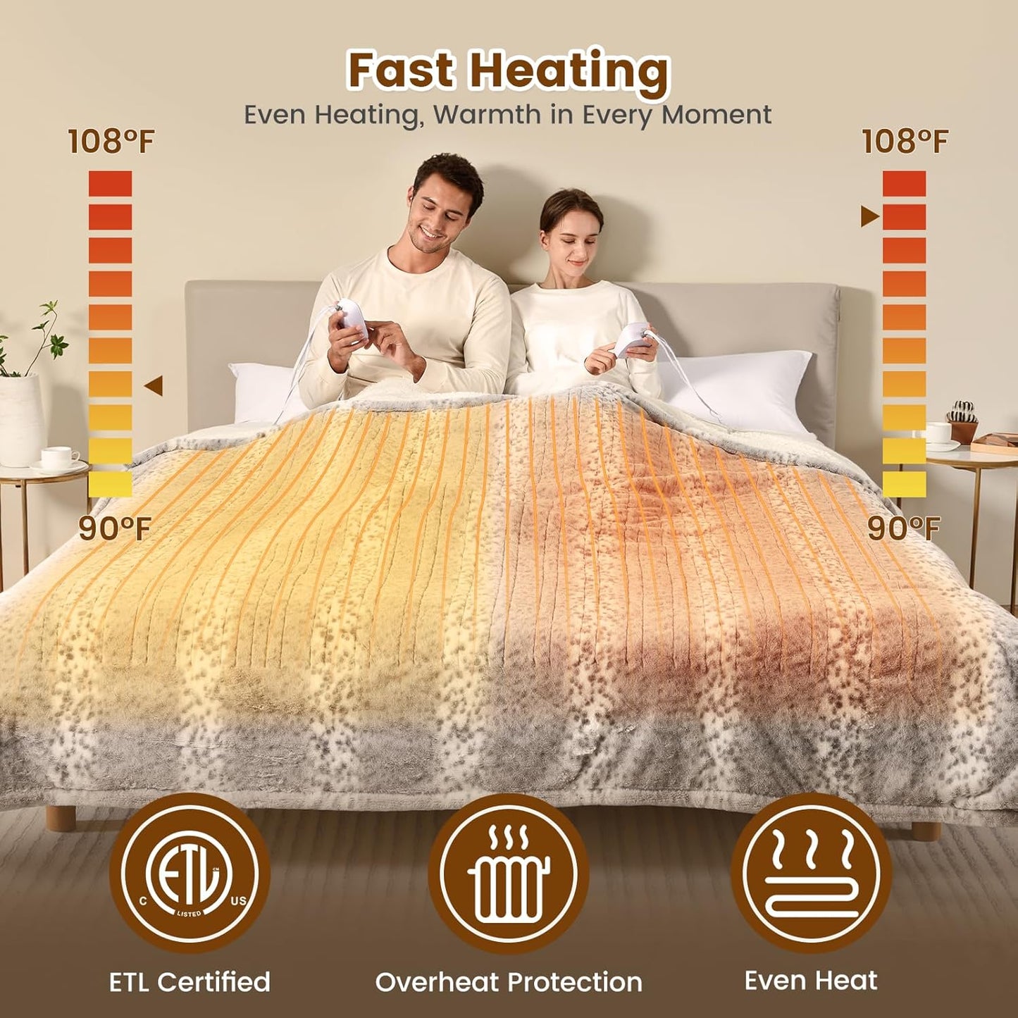 Bearhug Electric Blanket Heated Blanket King Size 100"x 90" Dual Controllers Heating Blanket Gift Reversible Faux Fur & Sherpa,10 Heating Levels, ETL, Machine Washable, Over-Heat Protection