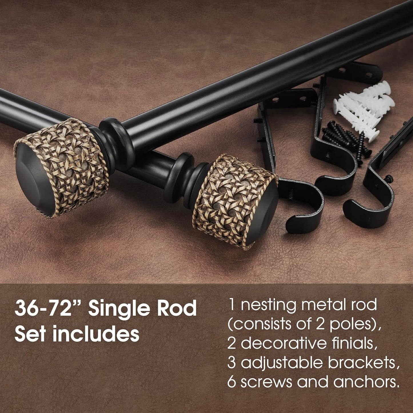 1-1/8 Inch Diameter Dark Bronze Curtain Rods with Faux Rattan Cane Woven Finials, 36-72'' Telescoping Single Curtain Rods for window width 24-68 inch, 1 pack