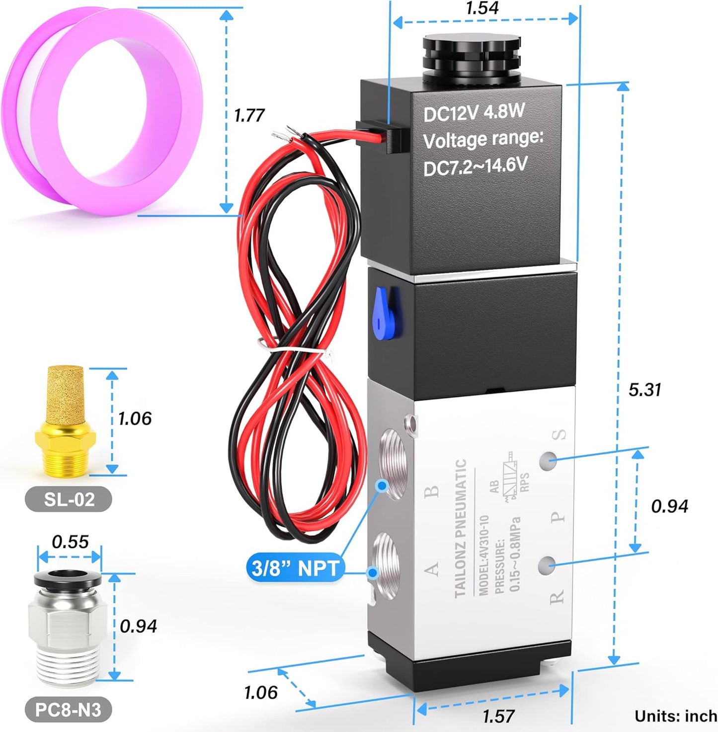 TAILONZ PNEUMATIC 3/8"NPT 12V Solenoid Valve 4V310-10 12V/24V/110V/220V Single Coil Pilot-Operated Electric 2 Position 5 Way Connection Type（Outlet wire）