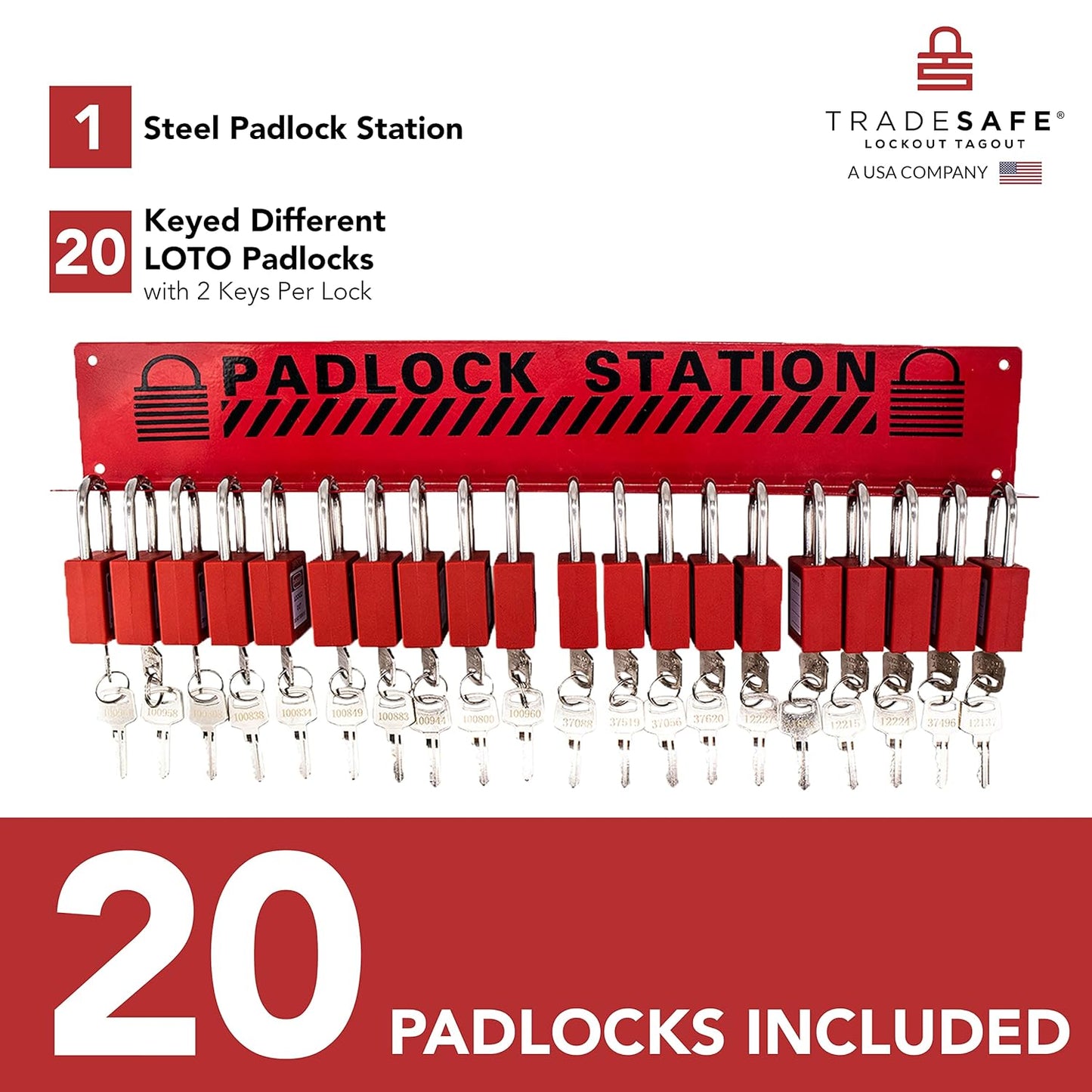 TRADESAFE Lockout Tagout Locks Station - Loto Station for Lockout Locks, Safety Padlock Rack with 20 Lock Out Tag Out Padlocks Keyed Different, 2 Keys Per Loto Lock