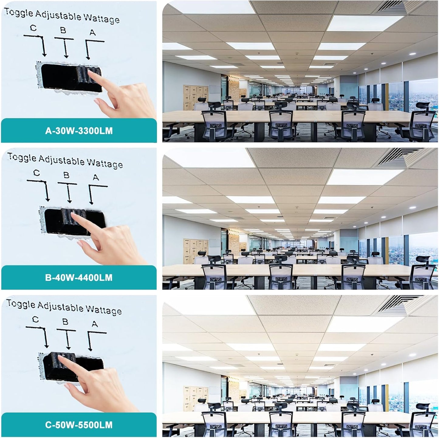 4 Pack 2x4 LED Flat Panel Light Fixture, Drop Ceiling Office Lights 3000K/4000K/5000K Switchable, 30W/40W/50W Selectable, 0-10V Dimmable, Dustproof, ETL